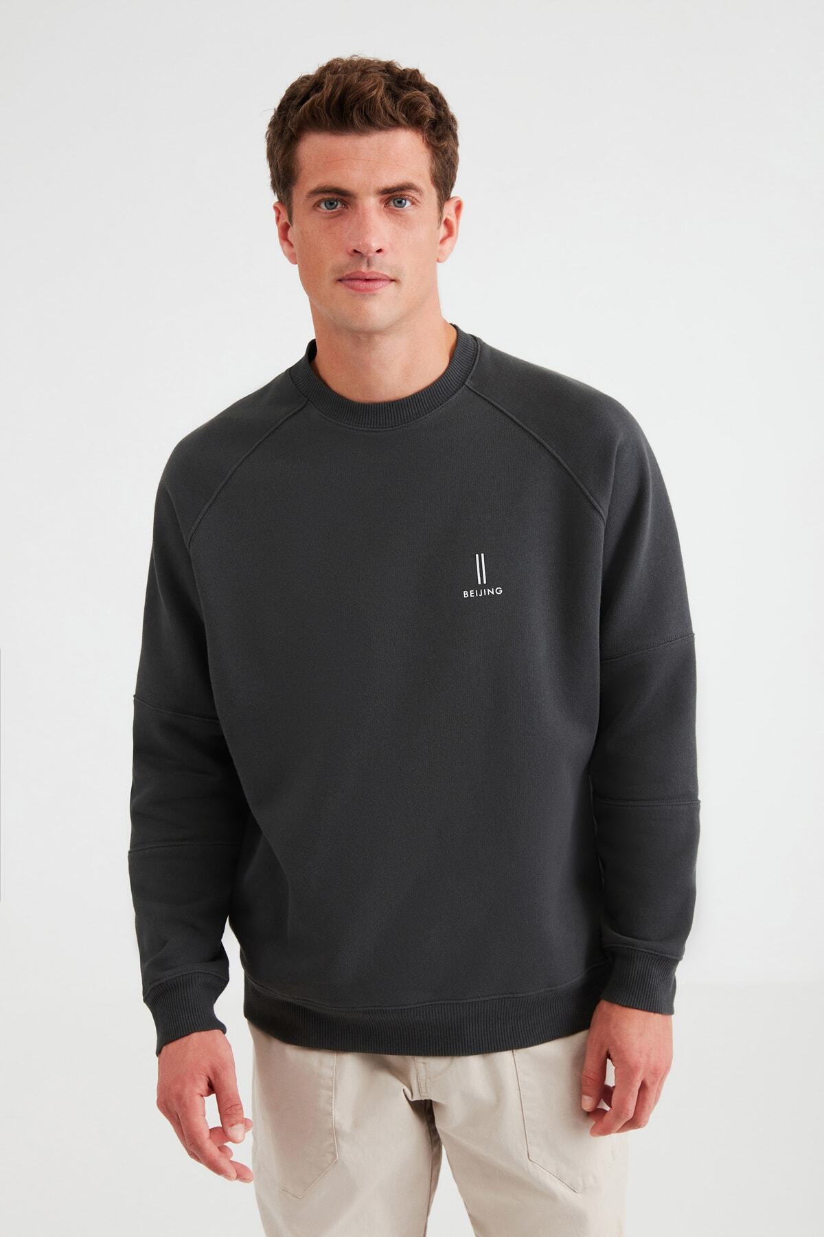 GRIMELANGE Fareast Erkek Antrasit Baskılı Bisiklet Yaka Comfort Sweatshirt