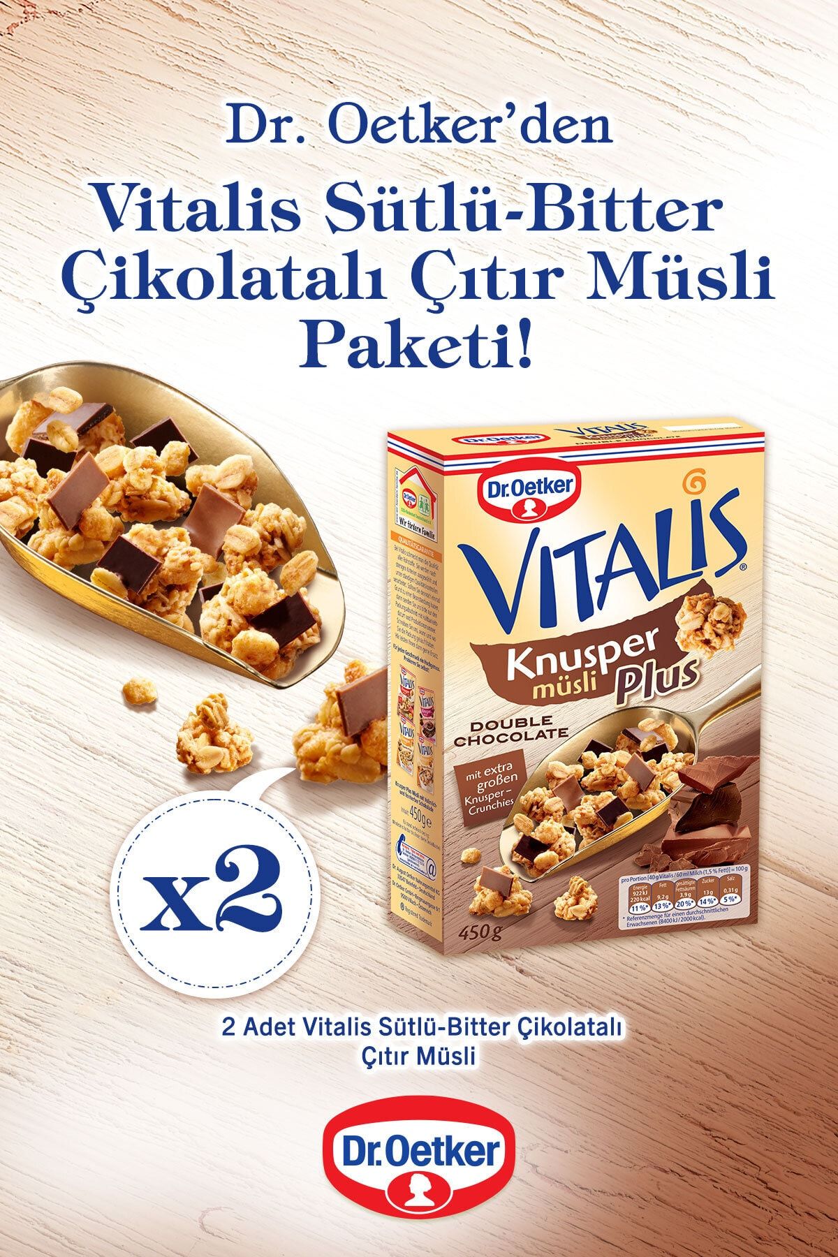 Dr. Oetker 2'li Vitalis Çıtır Müsli Sütlü-bitter Çikolatalı