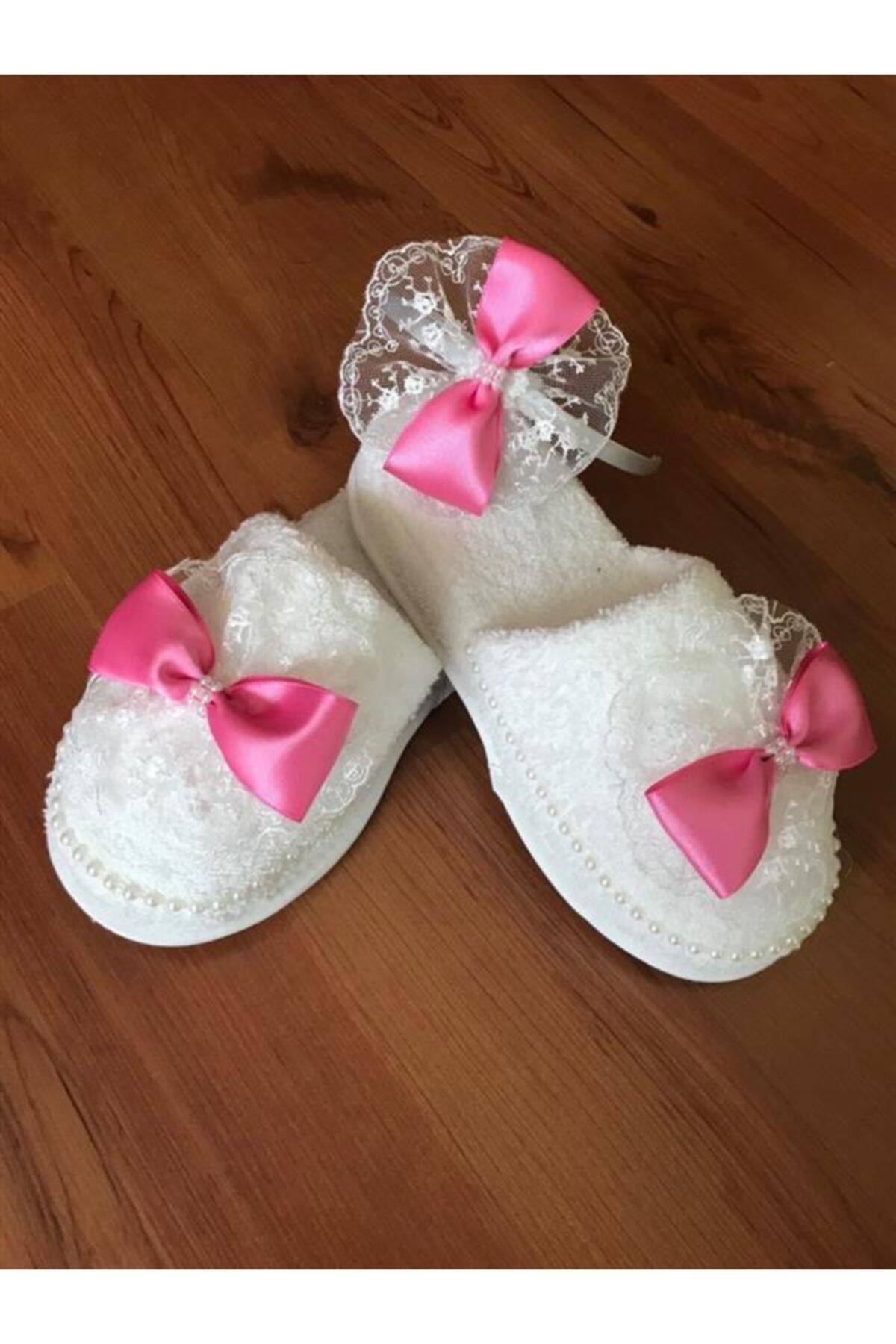 CAN BUTİK Canbutik Güpürlü Lohusa Terliği Ve Tacı Fuşya