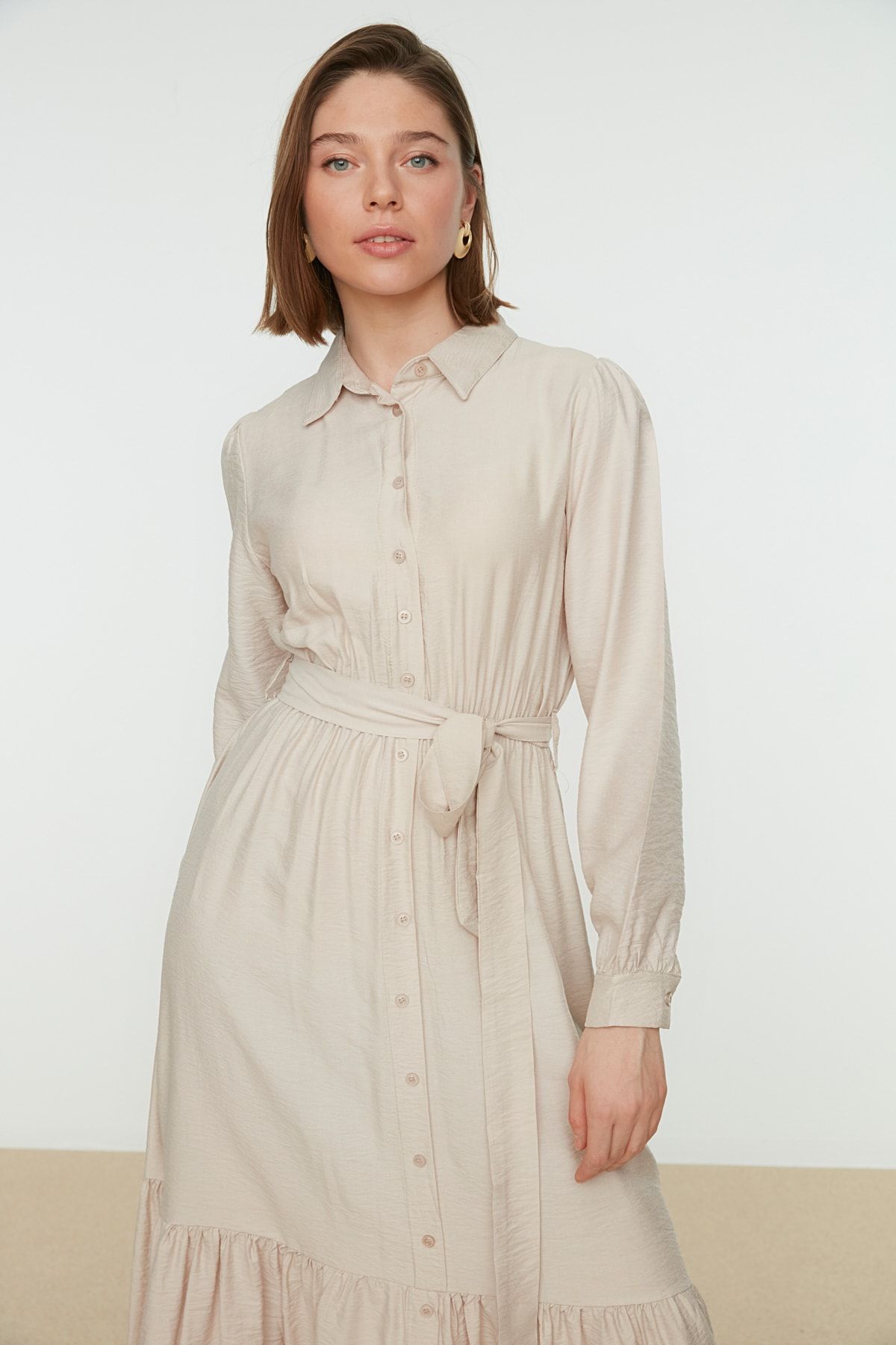 Trendyol Modest Bej Gömlek Yaka Tesettür Elbise TCTSS21EL3887