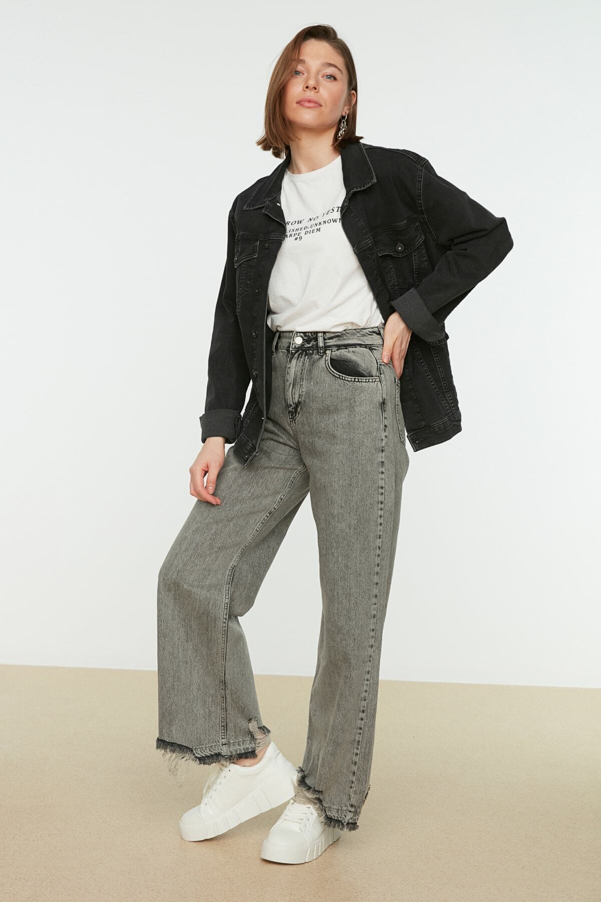 Trendyol Modest Antrasit Gri Yüksek Bel Wide Leg Jeans