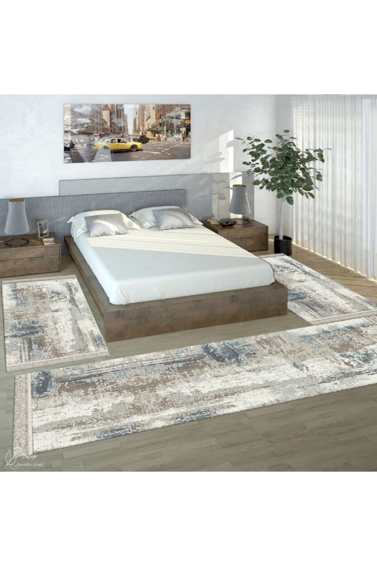 CP Rug Decorative Antibakteriyel Kaymaz Tabanlı Yıkanabilir Yatak Odası 3 Lü Halı Seti 2 Adet 80x140 1 Adet 80x200