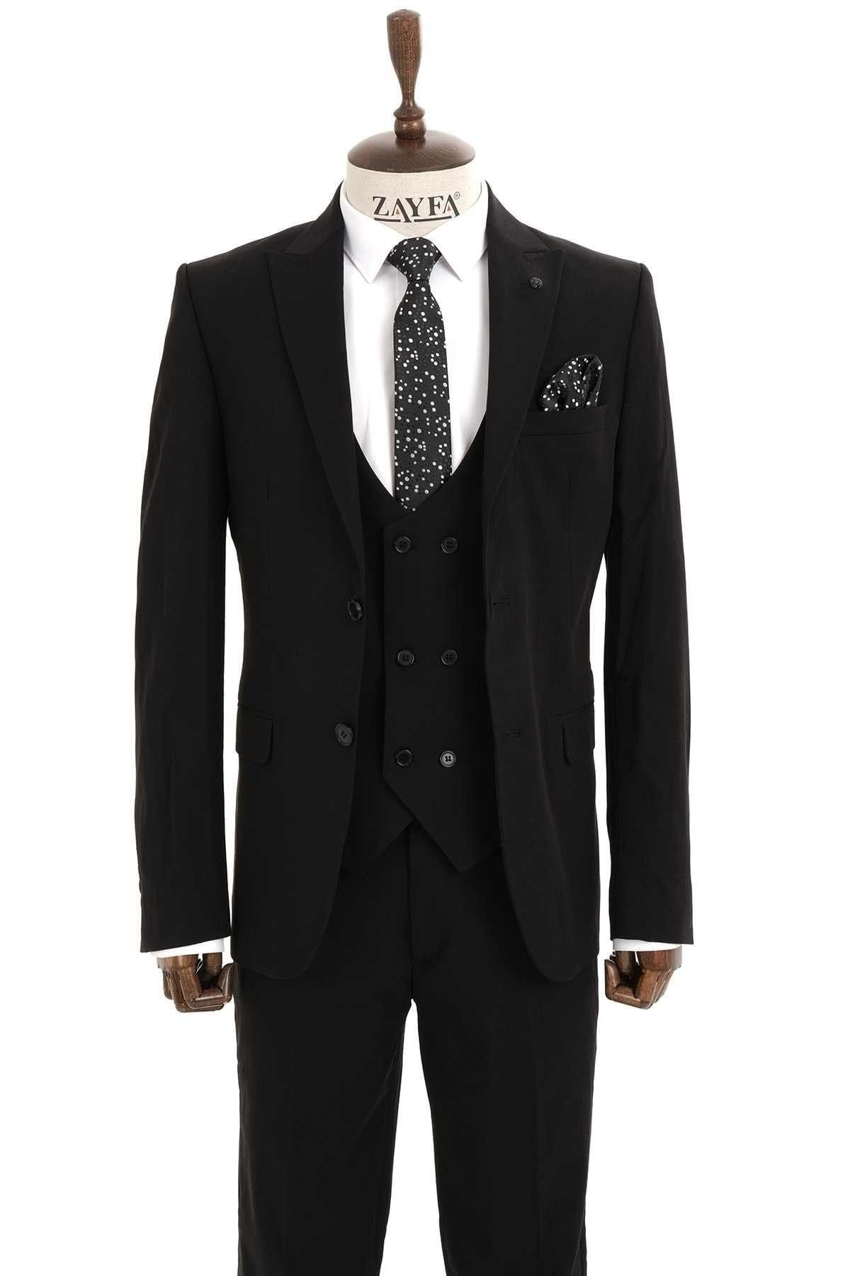 Vito Andolini Siyah Slim Fit Yelekli Erkek Takım Elbise