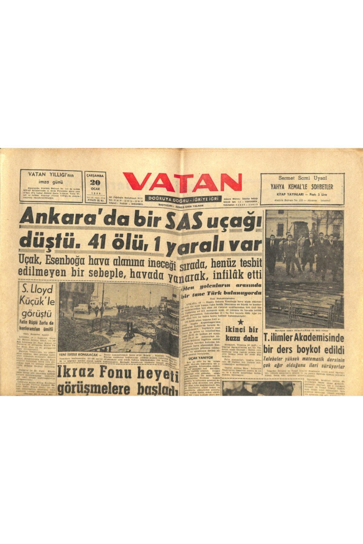 Gökçe Koleksiyon Vatan Gazetesi 20 Ocak 1960 - Said Nursi Beş Gazeteyi Dava Ediyor - Trakyada Sel Afeti
