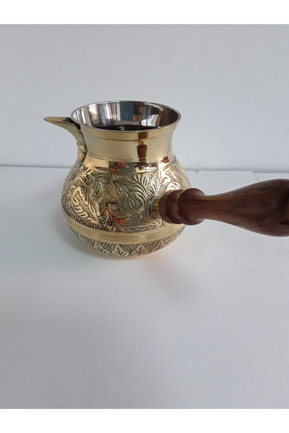 kapadokyahediyelik Pirinç Döküm Cezve 5'' Jumbo Boy Ahşap Saplı