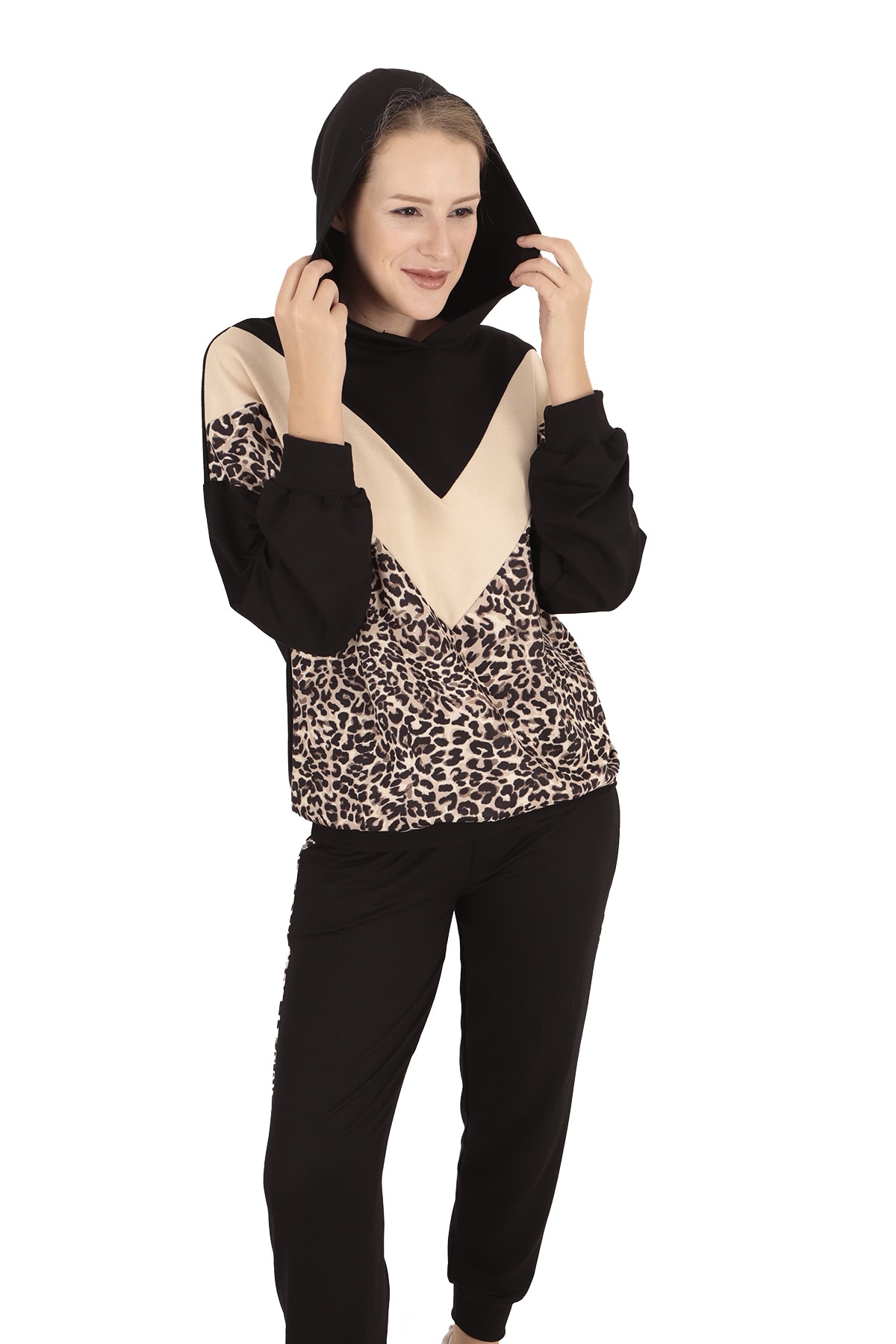 BUKETLİ Kadın Camel-siyah Leopar Desen Bloklu Ikili Eşofman Takımı