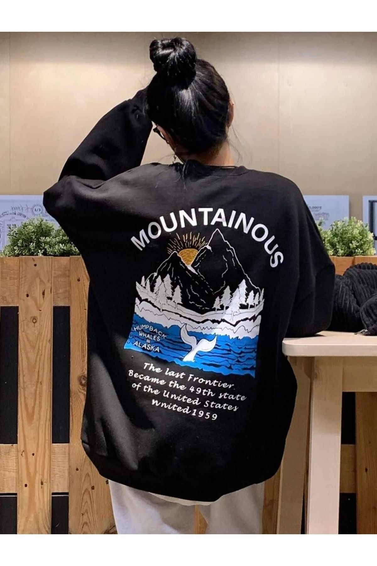 Benisengiydir Unisex Siyah Sırt ve Ön Mountainous Baskılı Oversize Bisiklet Yaka Sweatshirt Hoodie