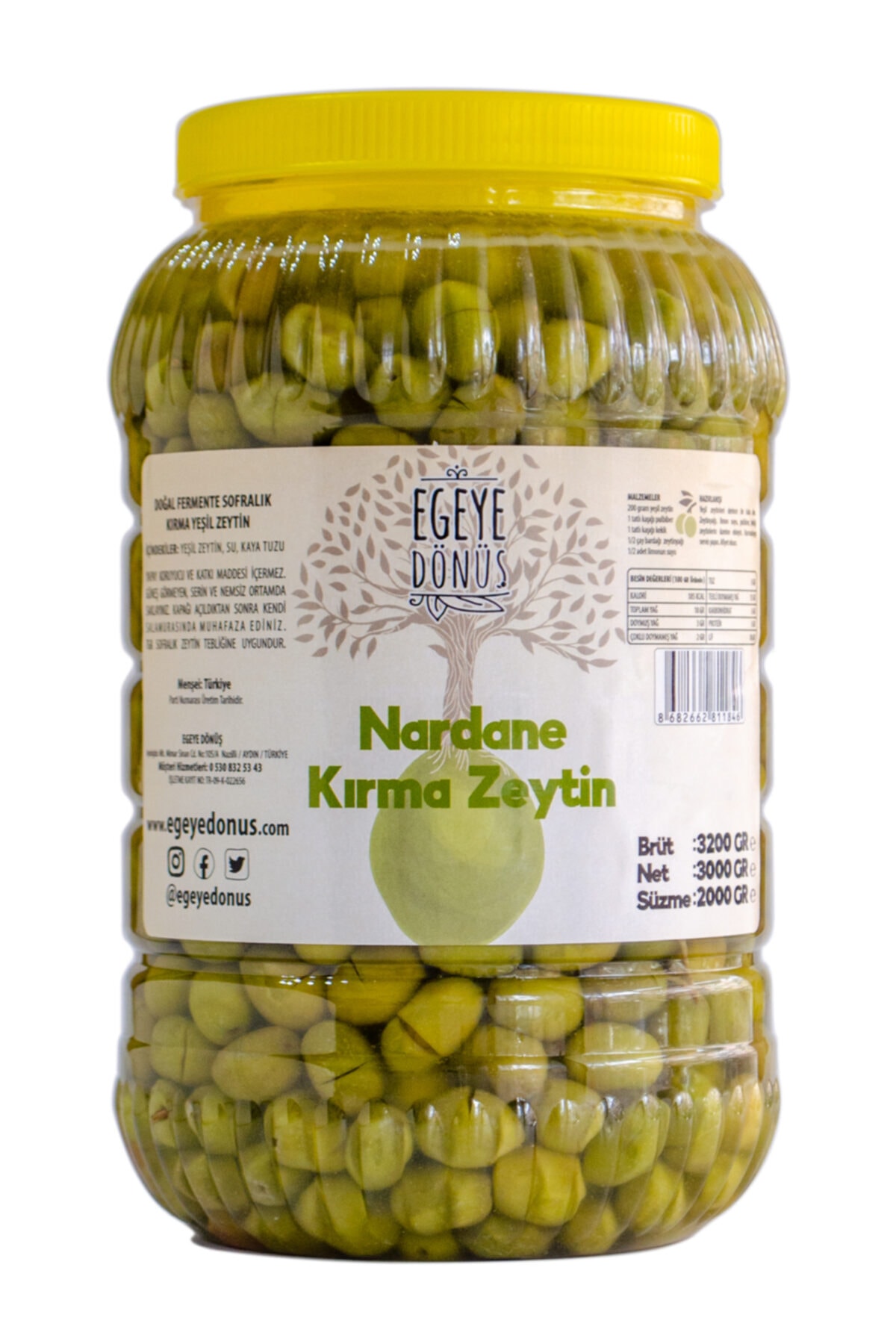 EGEYE DÖNÜŞ Ev Yapımı Geleneksel Nardane Mini Boy Yeşil Kırma Zeytin - 2 Kg. (sadece Kaya Tuzu Ve Su Içerir)