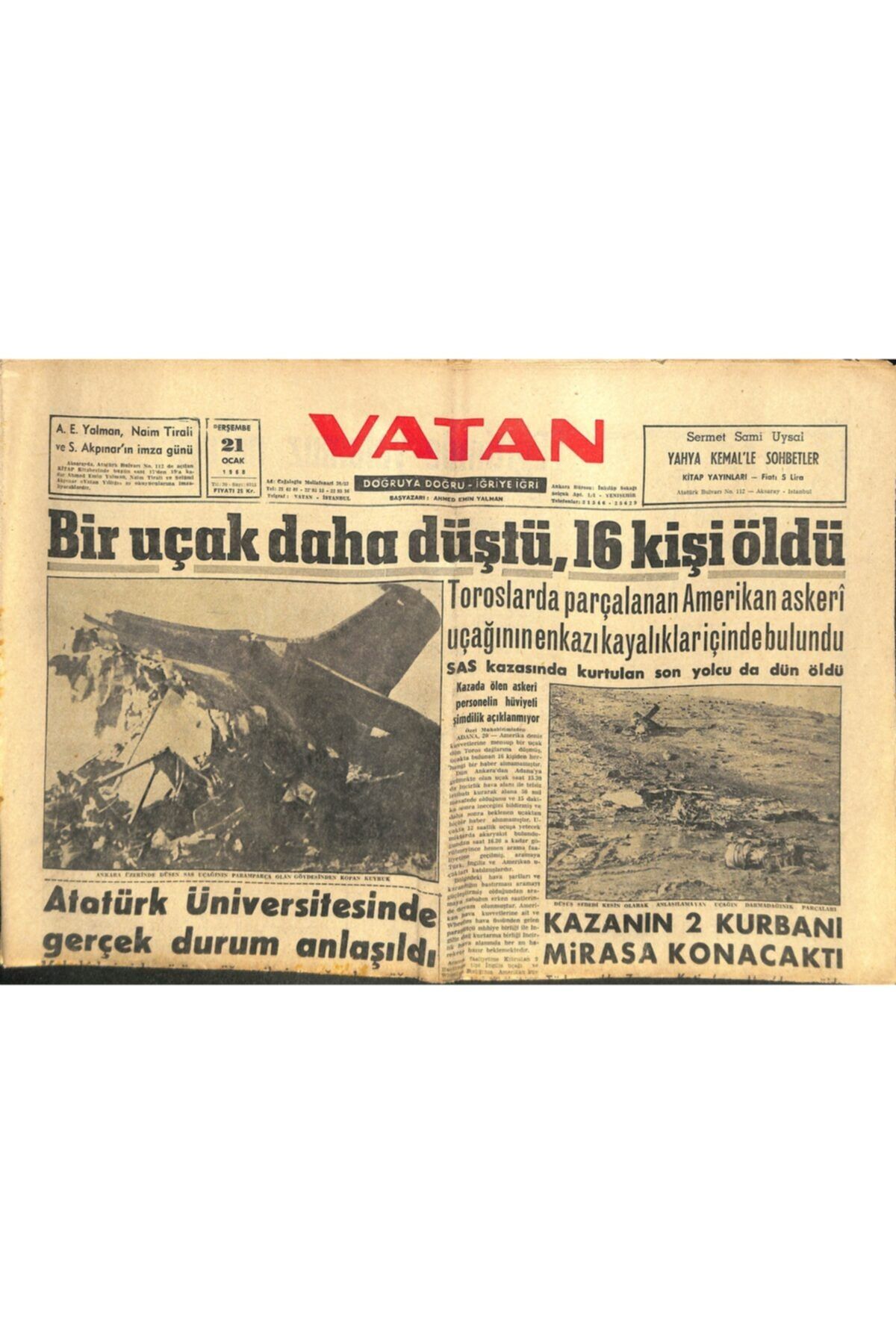 Gökçe Koleksiyon Vatan Gazetesi 21 Ocak 1960 Toroslarda Bir Uçak Daha Düştü 16 Kişi Öldü
