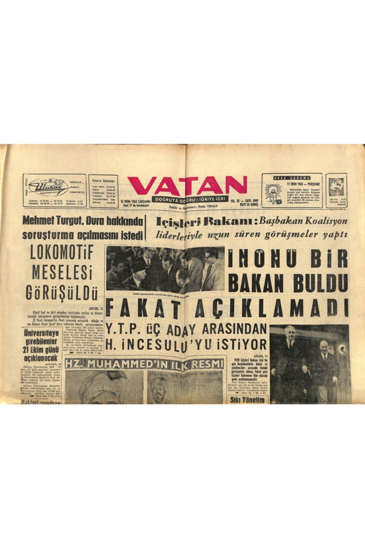 Gökçe Koleksiyon Vatan Gazetesi 16 Eki 1963 - Azizoğlu Hakkında Tahkikat Açılması Talebi Üçe Çıktı