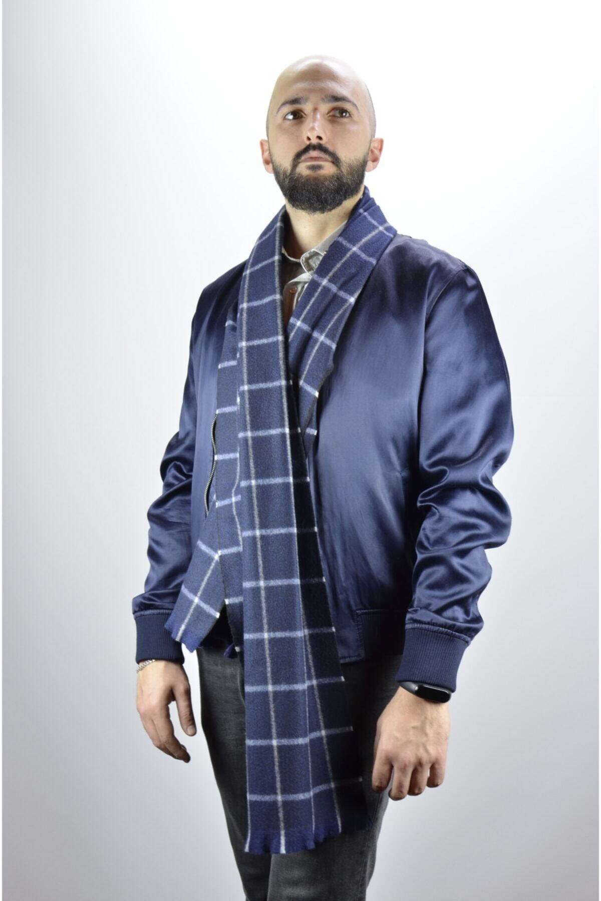 moda kaşkol Moda Kareli Çelik Lacivert-beyaz Kaşmir Doku / Melanj Dokuma Atkı