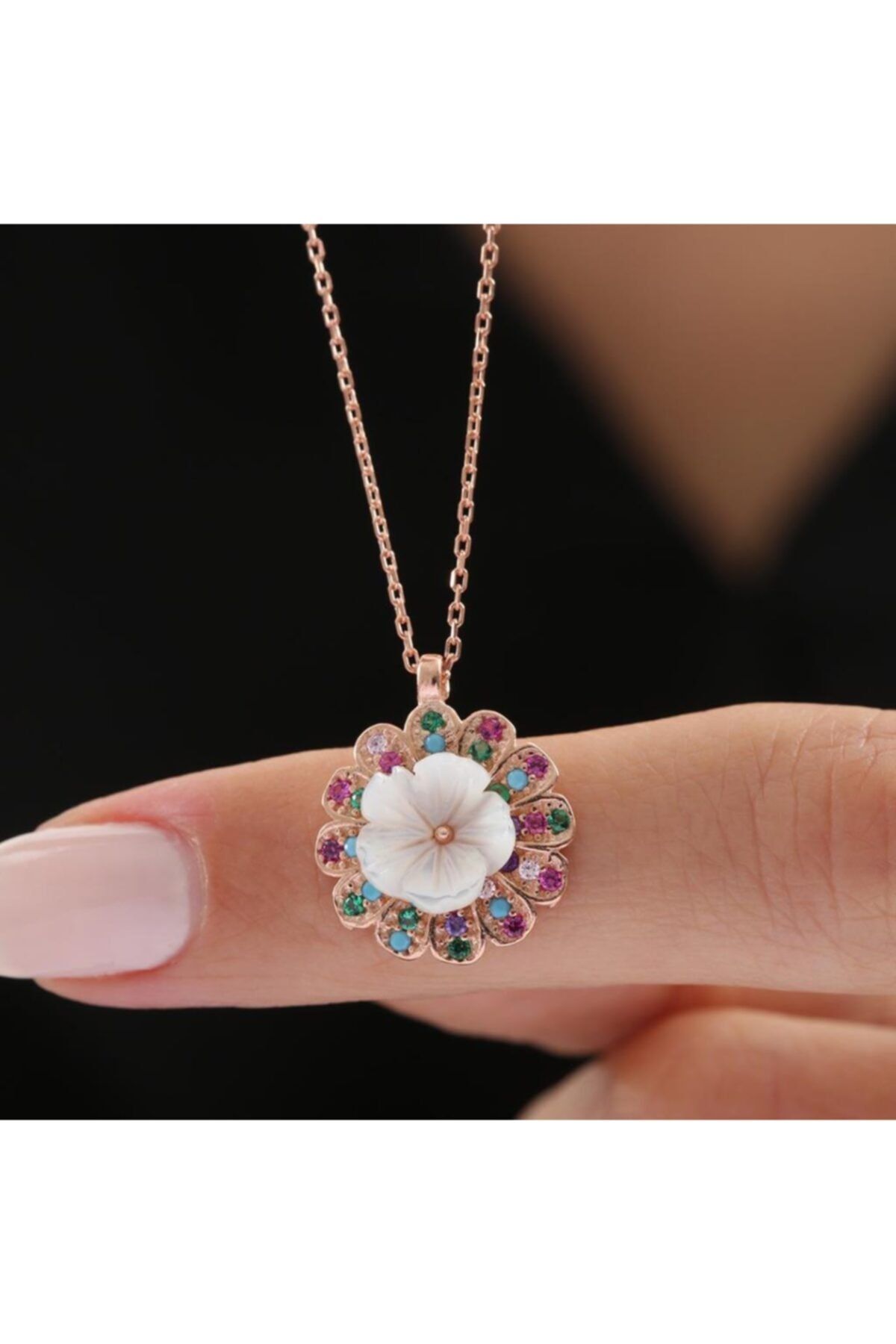 Mia Vento Çiçek Neşesi Mix Taşlı Manolya Çiçeği Rose Renk Flowers Gümüş Kolye