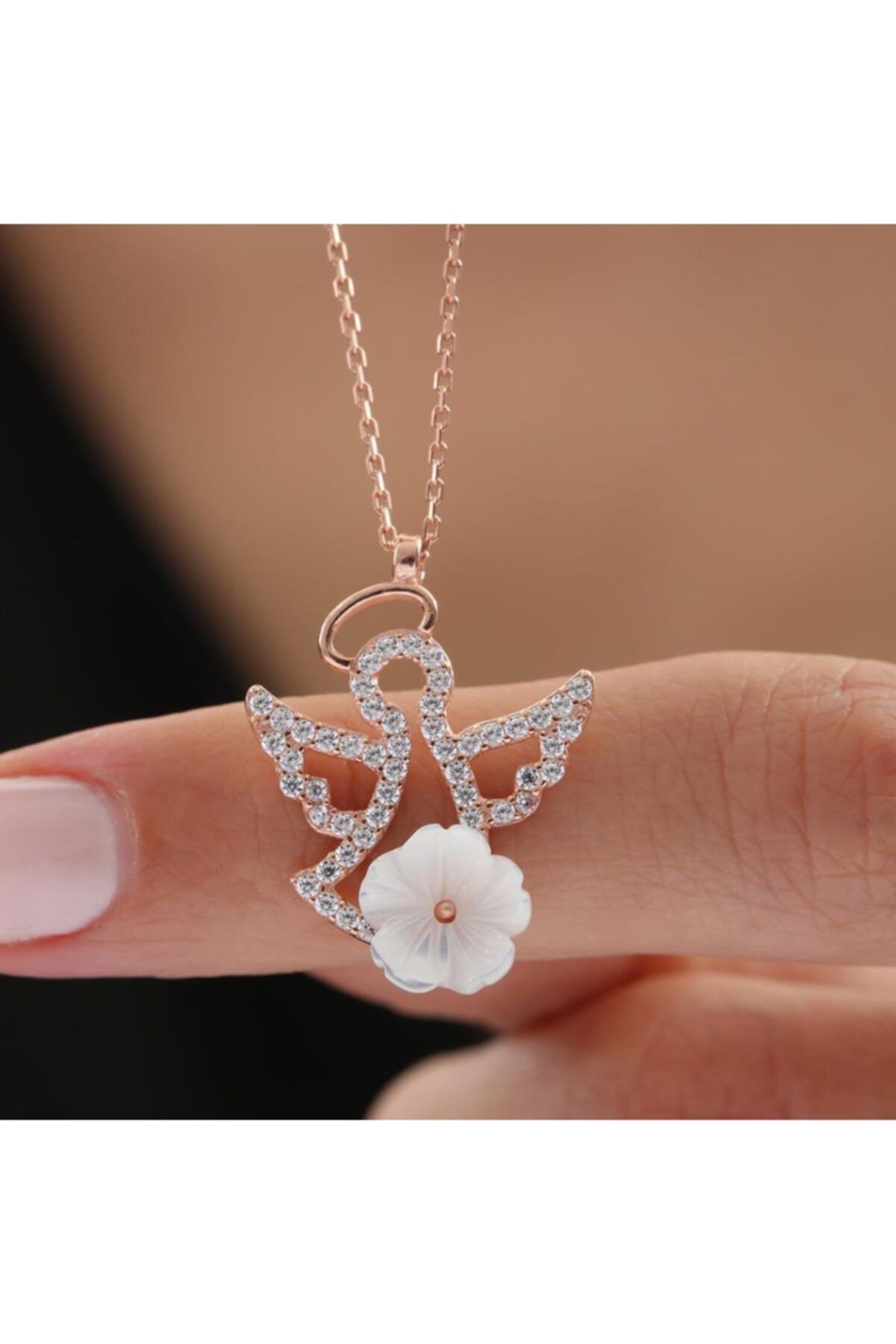 Mia Vento Melek Figürlü Manolya Çiçeği Rose Renk Flowers Gümüş Kolye
