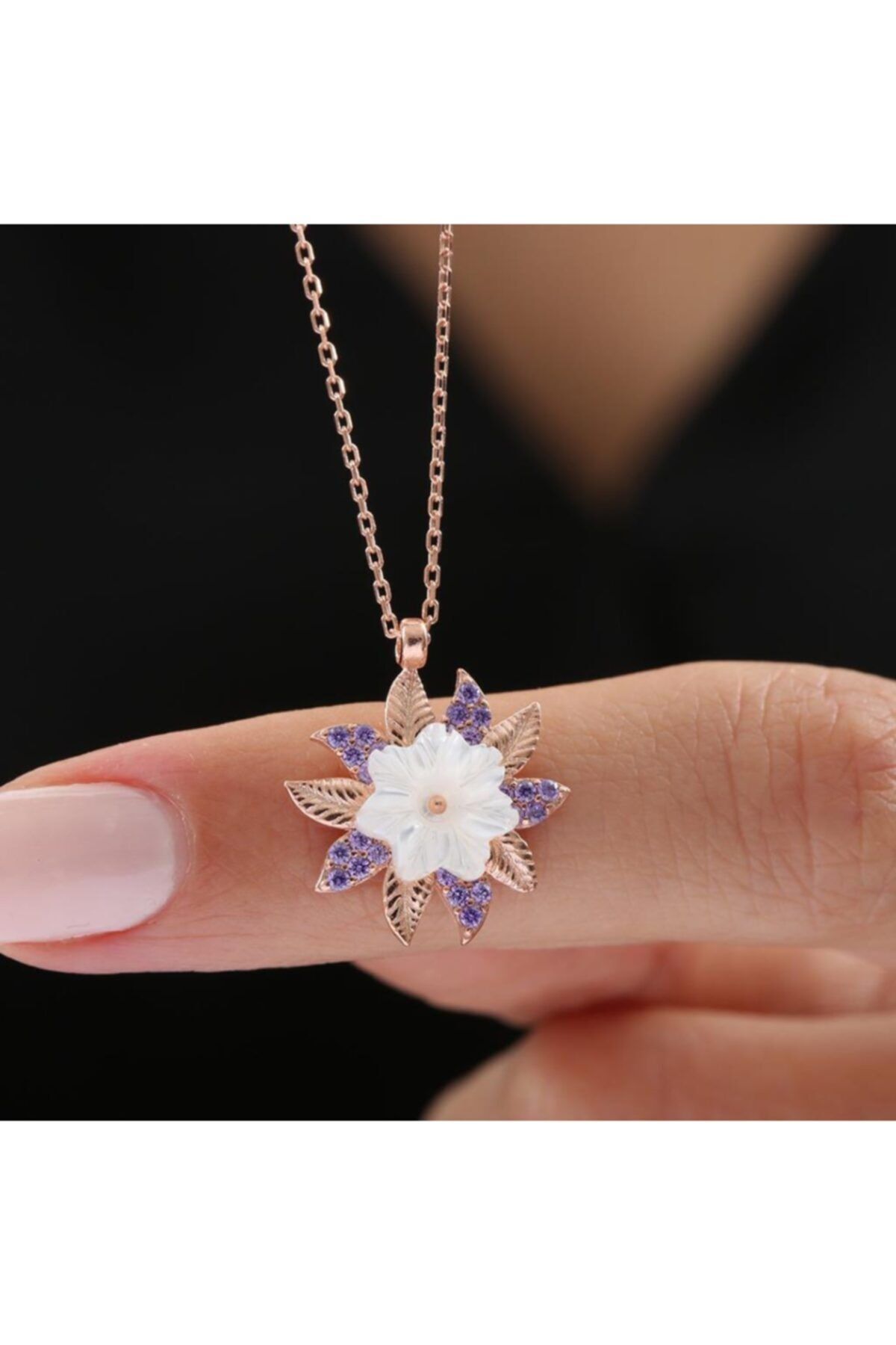 Mia Vento Kristal Buketi Ametist Taşlı Manolya Çiçeği Rose Renk Flowers Gümüş Kolye