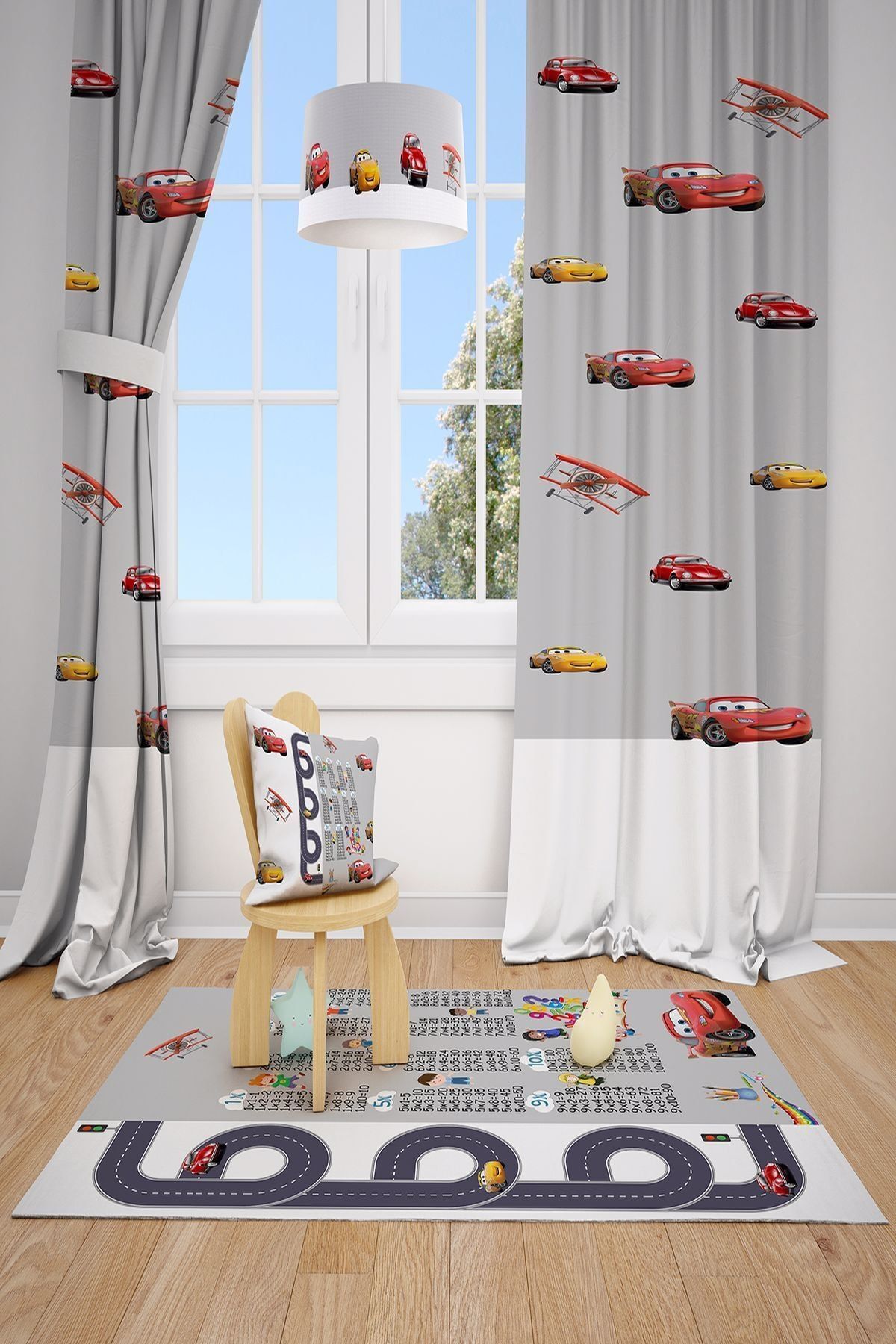 MEKTA HOME 2 Kanat Şimşek Mcqueen Çocuk Odası Takımı Fon Perdesi
