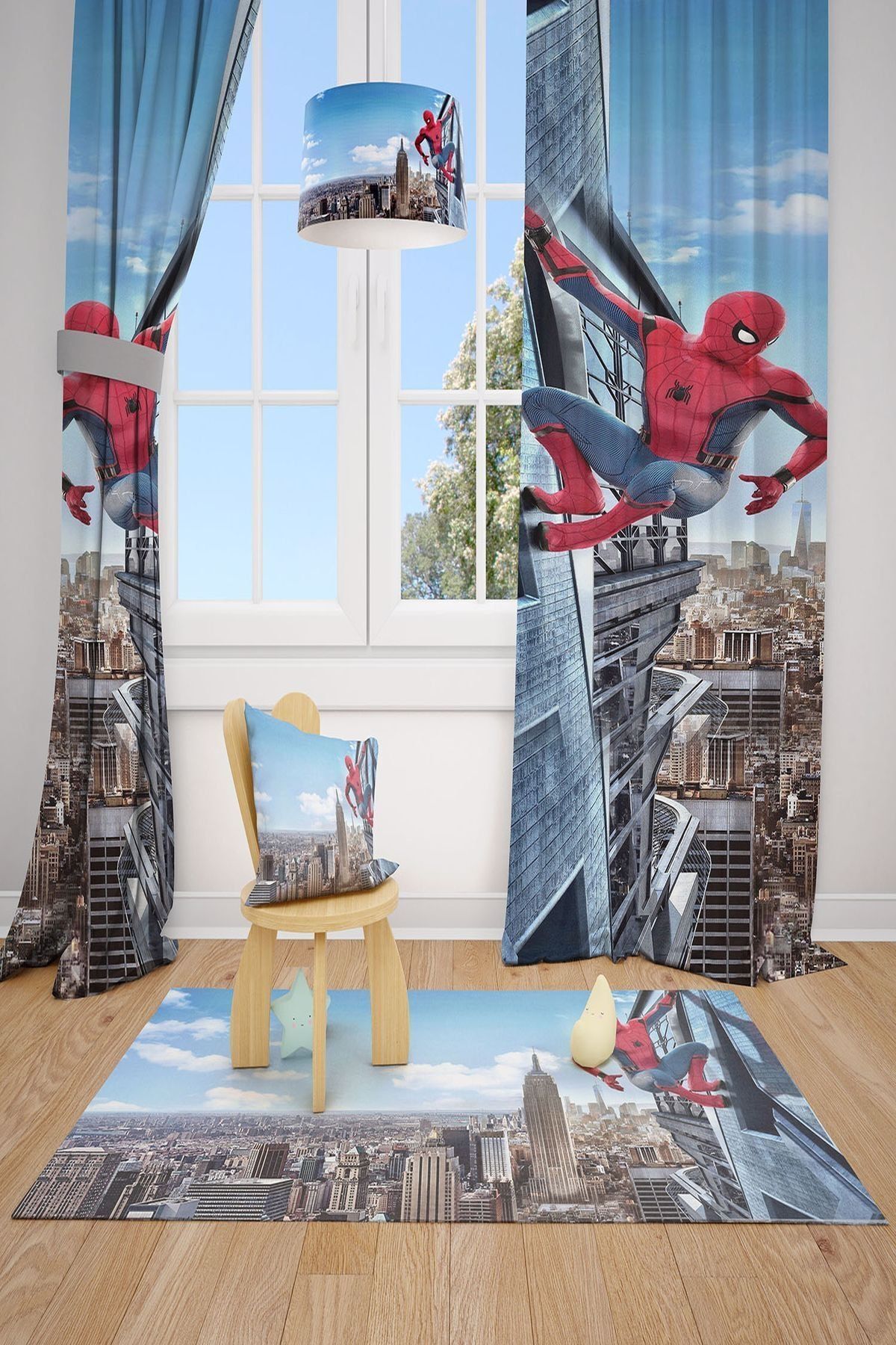 MEKTA HOME Erkek Çocuk Mavi Örümcek Adam Spiderman Fon Perde 2 Kanat Mkt-103
