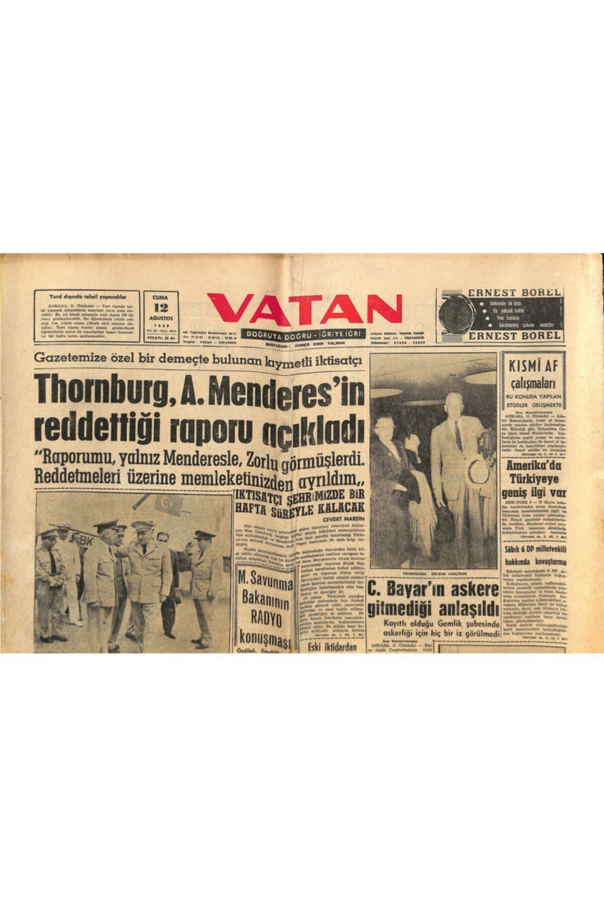 Gökçe Koleksiyon Vatan Gazetesi 12 Ağustos 1960 - Orman Bakanlığı Kurulması Prensibi Dün Kabul Olundu