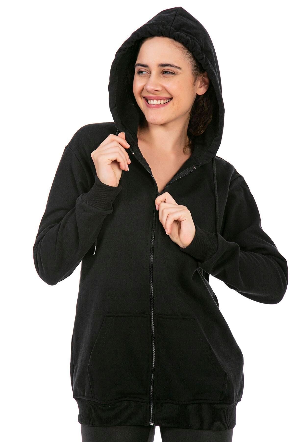 Magnus Unisex Siyah Fermuarlı Kapşonlu Basic Sweatshirt