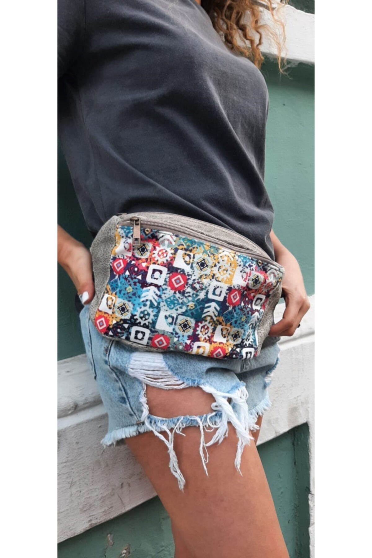 Ena Butik Bel Çantası Desenli Gri Desenli