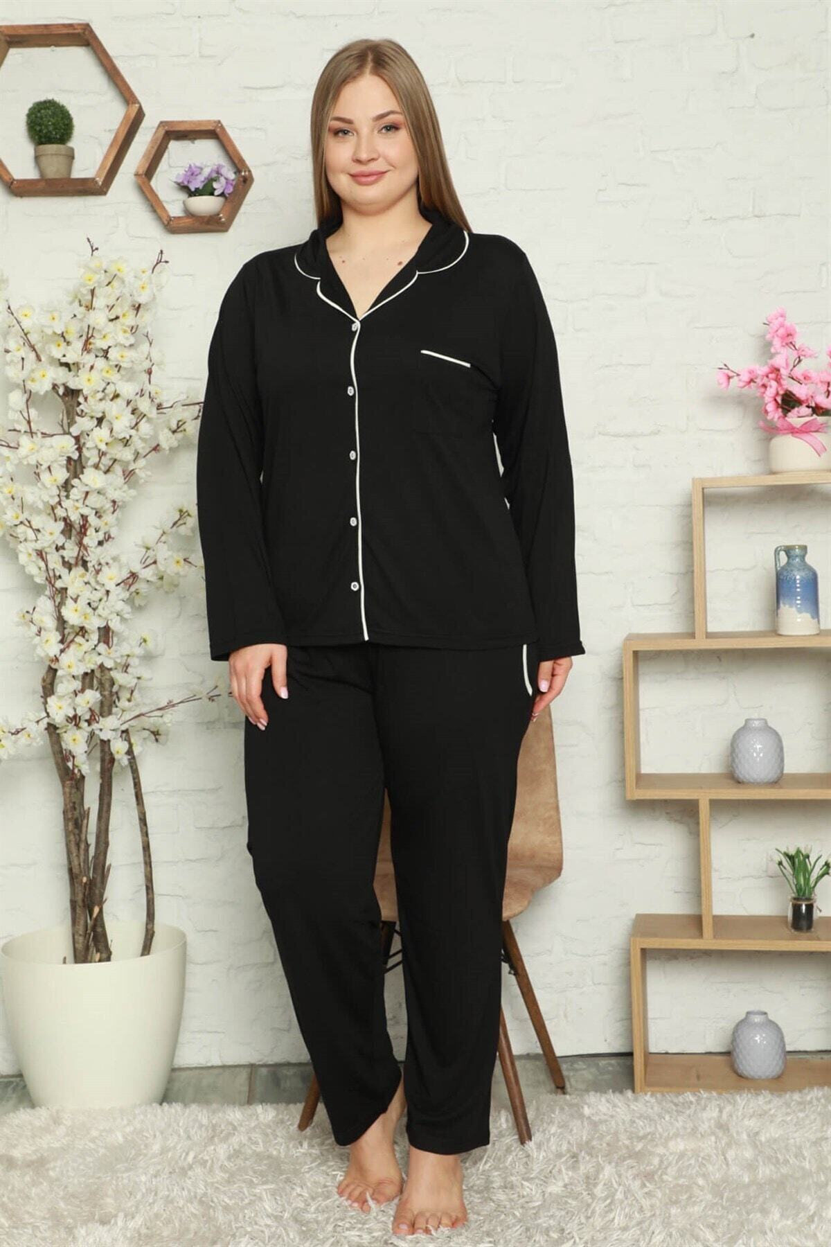 Biriz Moda Moda Çizgi Kadın Pamuklu Cepli Uzun Kol Büyük Beden Pijama Takım 202057