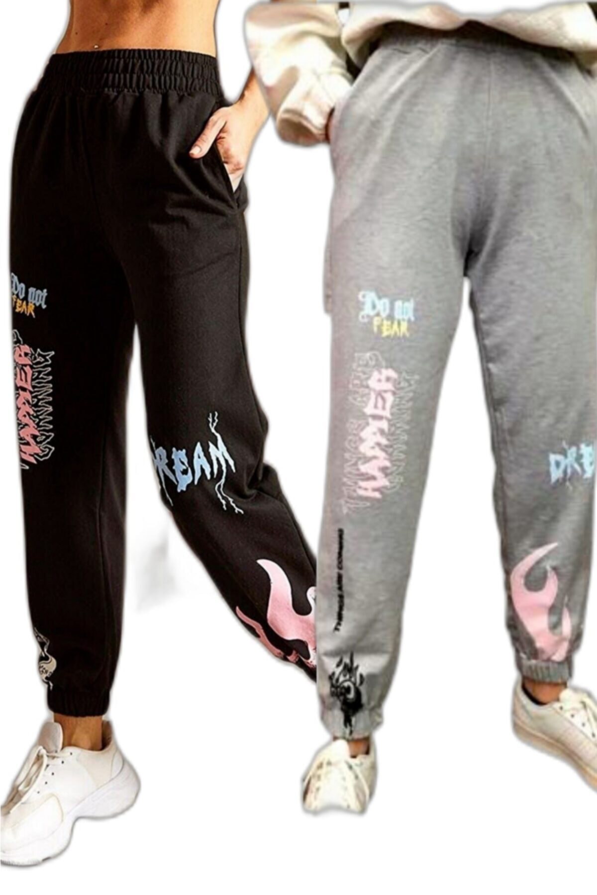 FEVİLLE Kadın 2'li Siyah-gri Baskılı Eşofman Altı Pg516