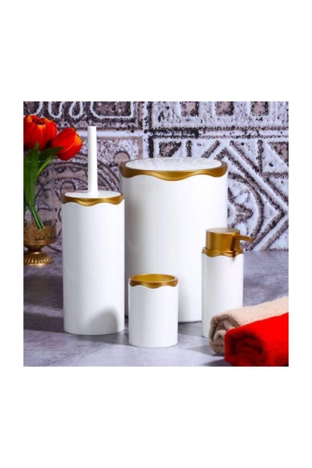 Azra 4 Parça Akrilik Beyaz Mat Altın Banyo Seti