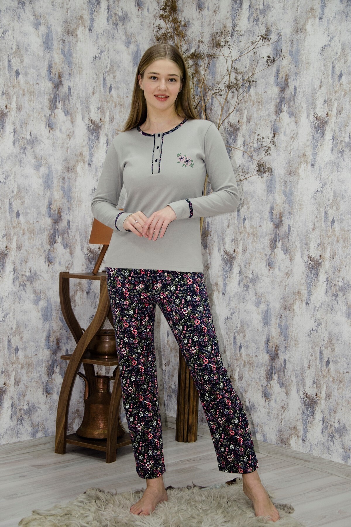STYLE SENFONİ Patlı Yaka Licralı Kışlık Uzun Kol Pijama