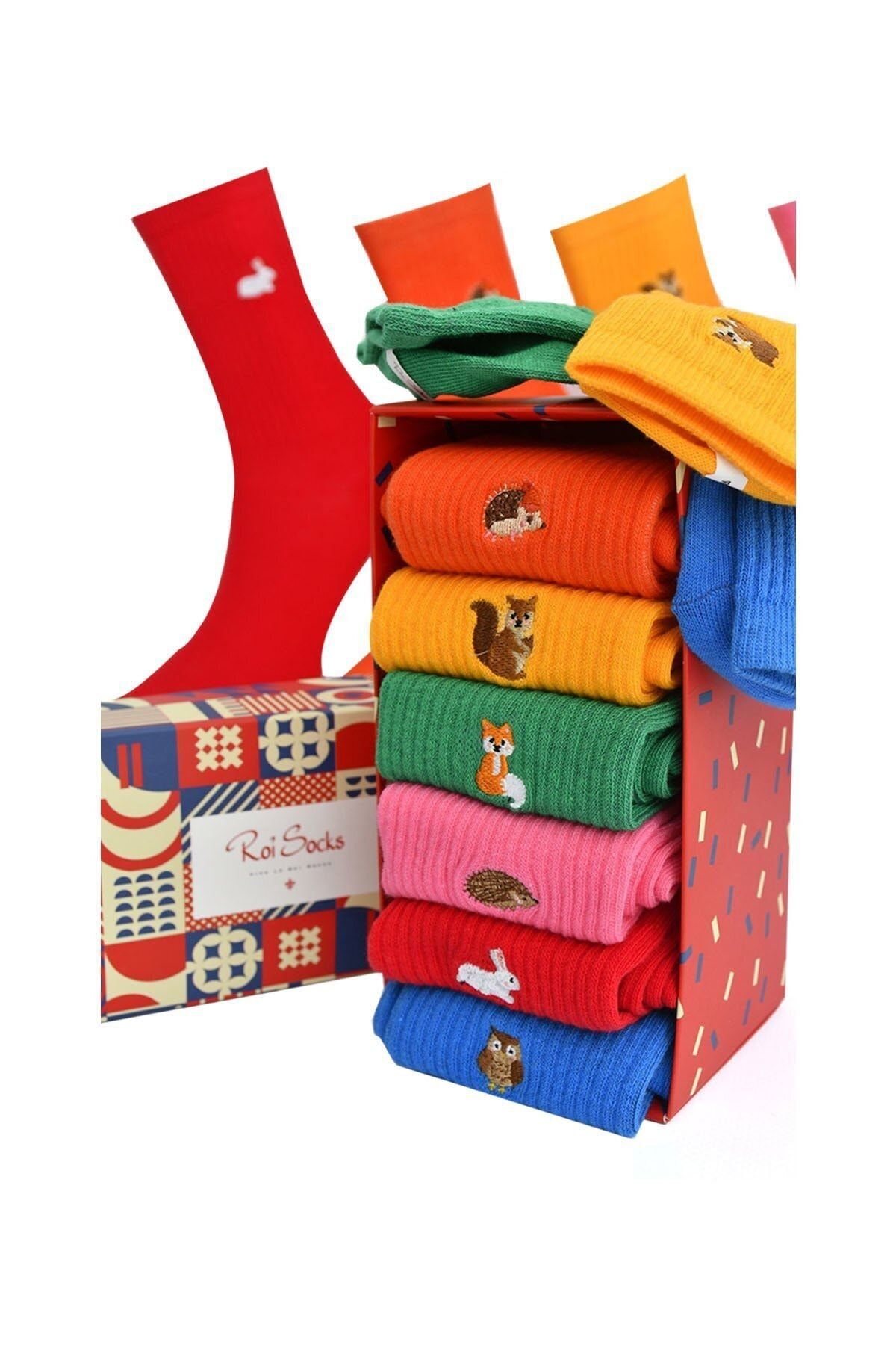 Roi Socks Hayvanlar Alemi Deseni Nakışlı Renkli Altılı Soket Set