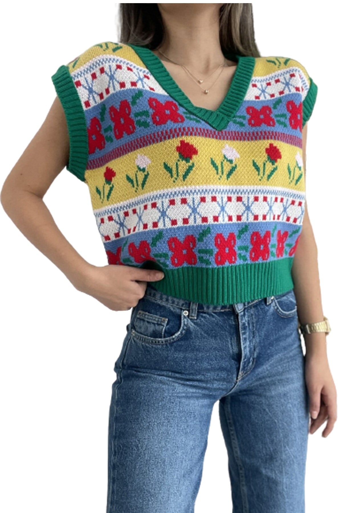 KYLE XM Kadın Yeşil Süveter Desenli Crop V Yaka Triko Süveter