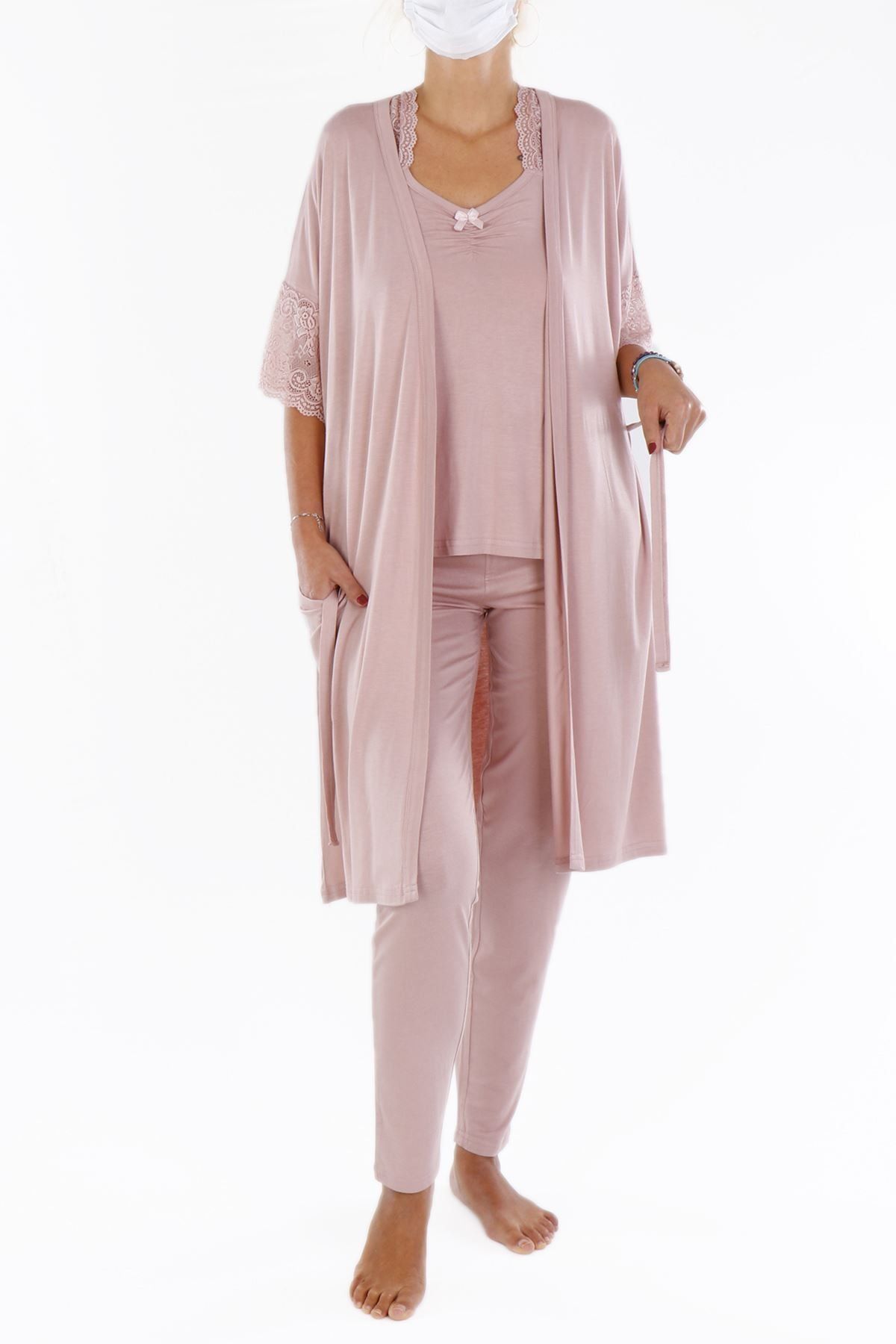 Nicoletta Pudra Kadın Pijama Takım Sabahlık Üçlü Likralı