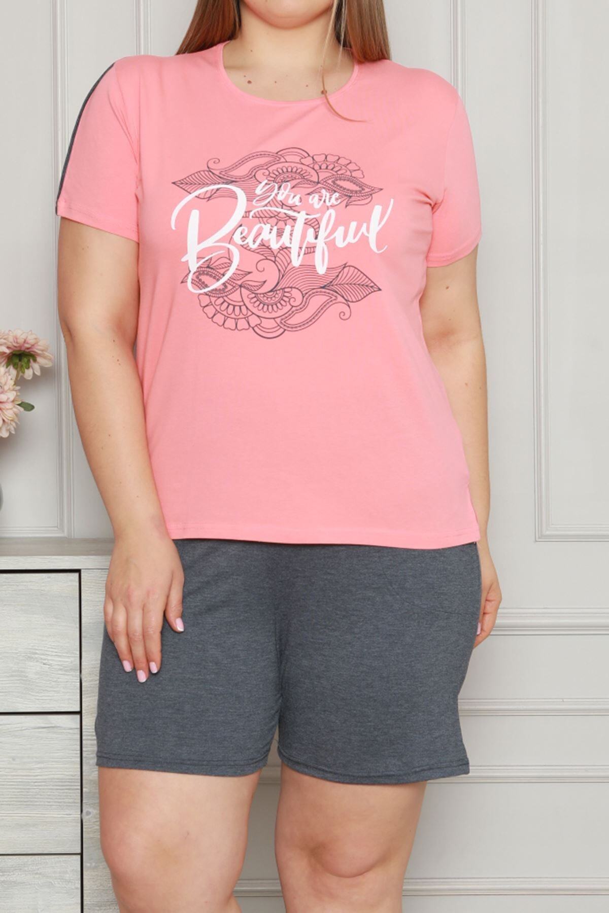Nicoletta Somon Kadın Şortlu Pijama Takımı Kısa Kollu Büyük Beden Pamuk Likrali Likralı