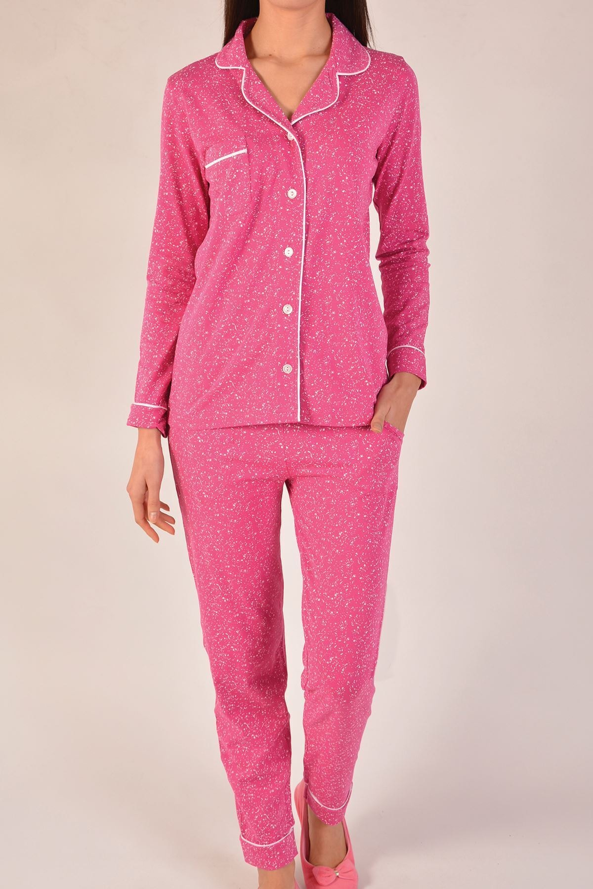 Nicoletta Pembe Kadın Pijama Takımı Uzun Kollu Düğmeli Cepli Pamuk