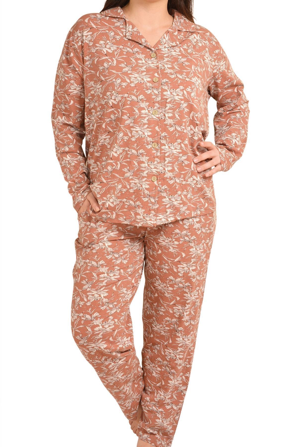 Nicoletta Kiremit Kadın Pijama Takımı Uzun Kollu Düğmeli Büyük Beden