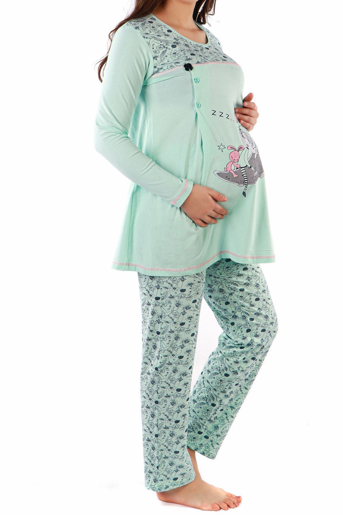 Nicoletta Mınt Hamile Pijama Takımı Uzun Kollu Pamuk Likralı