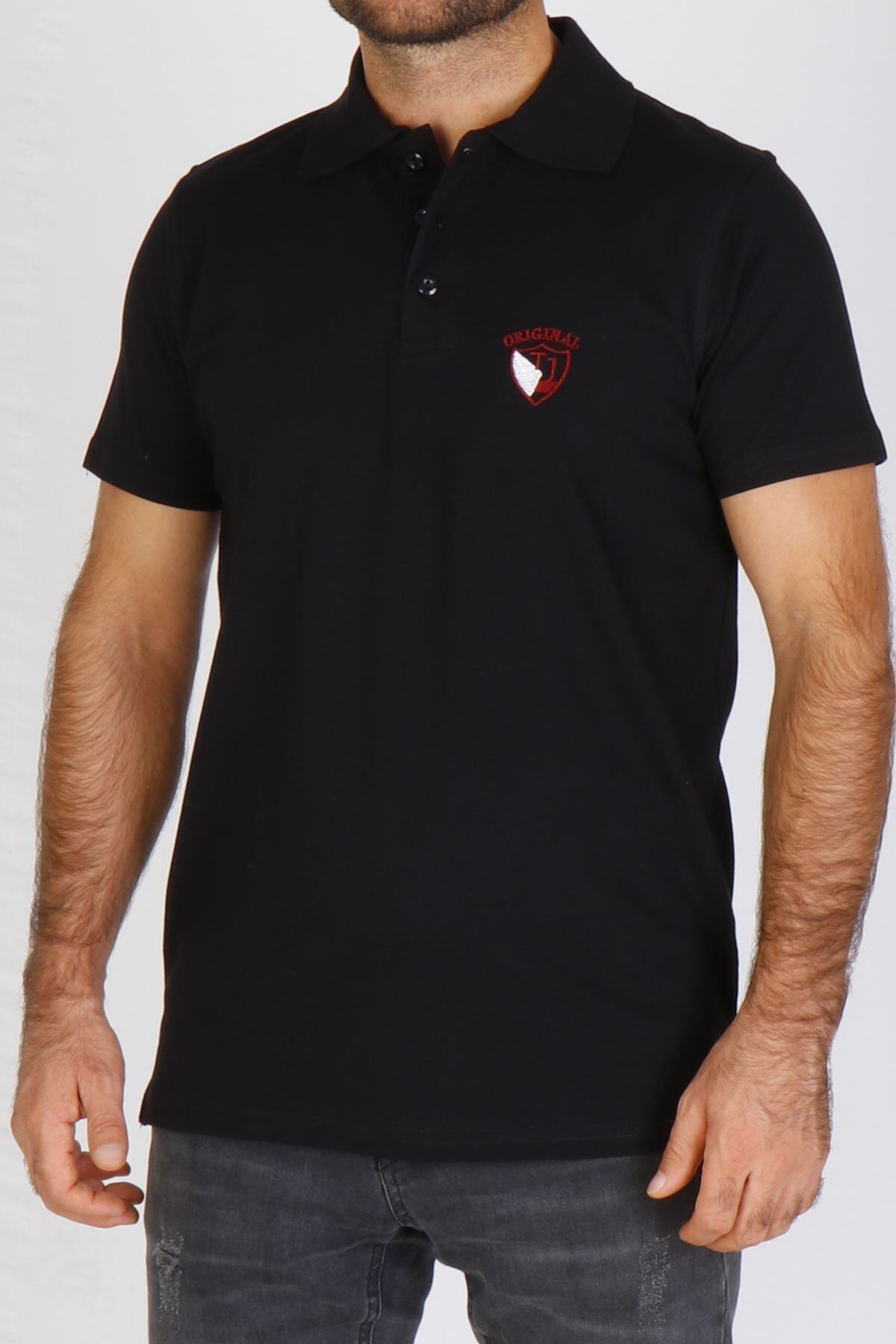 Tom John Siyah Erkek Polo Yaka Kısa Kollu T-shirt