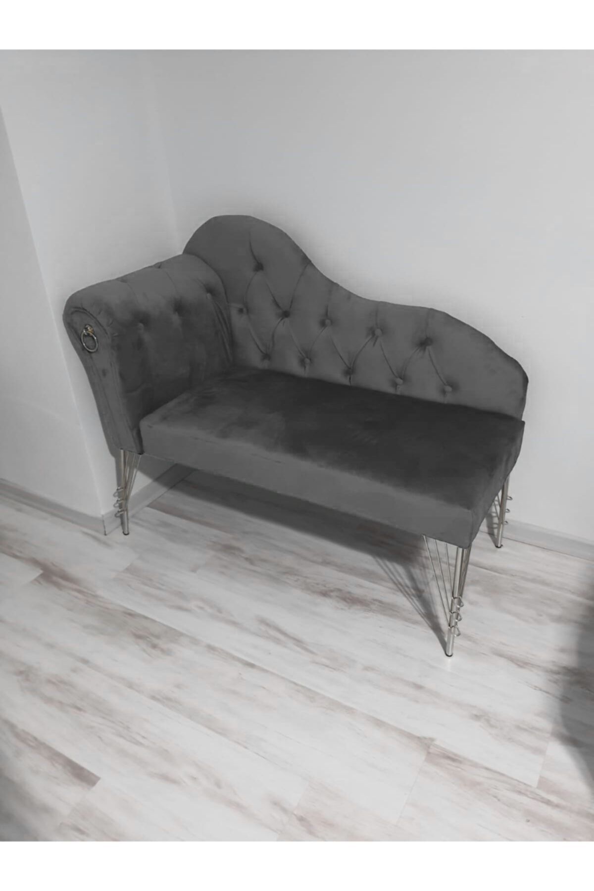 Sepetten Evine 110 cm  Gri Renk Yeni Nesil Köşe Koltuğu Josefin Bench Puf Metal Krom Ayak