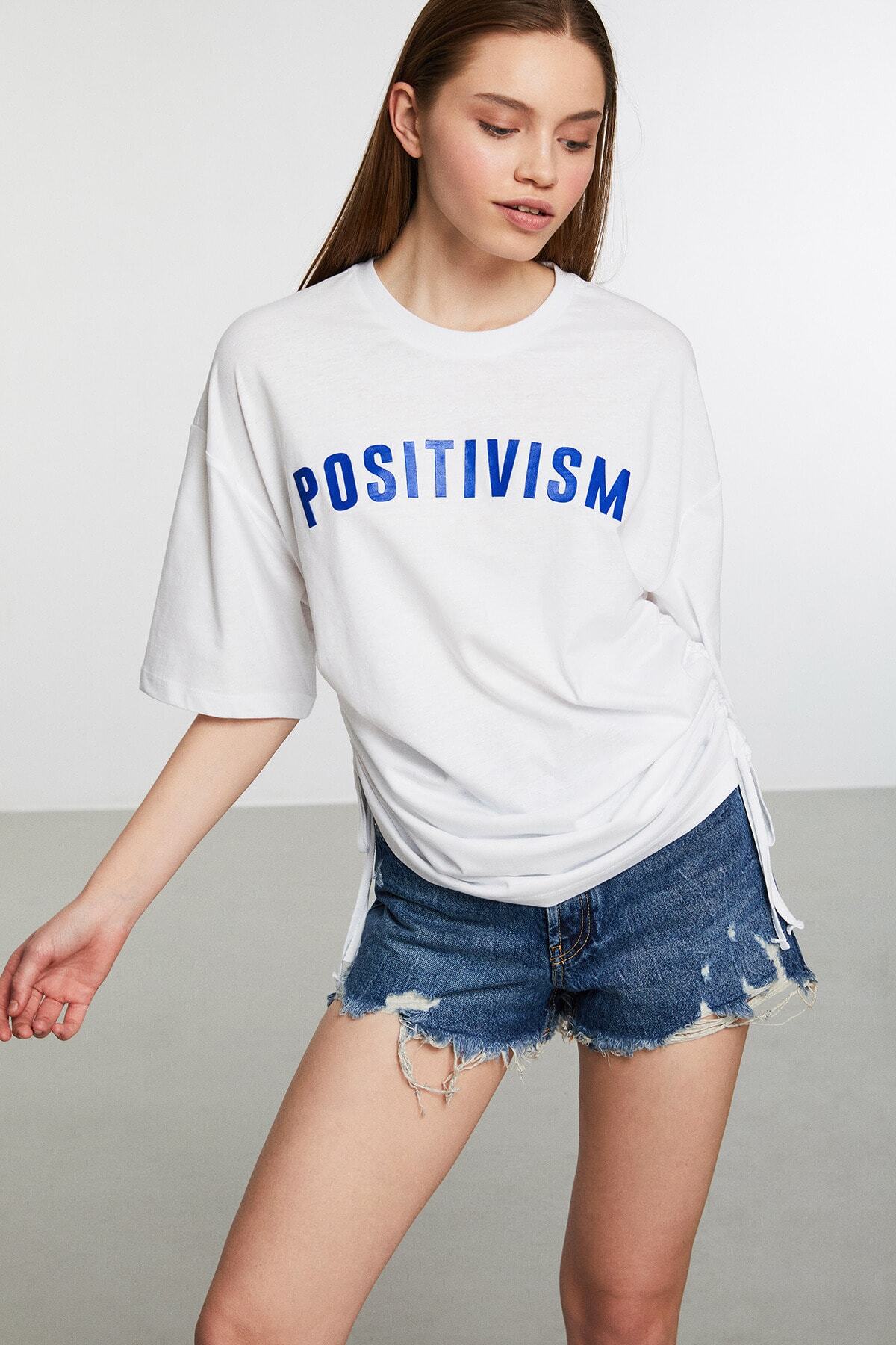 GRIMELANGE Pıece Kadın Lacivert Baskılı Bisiklet Yaka Oversize T-shirt