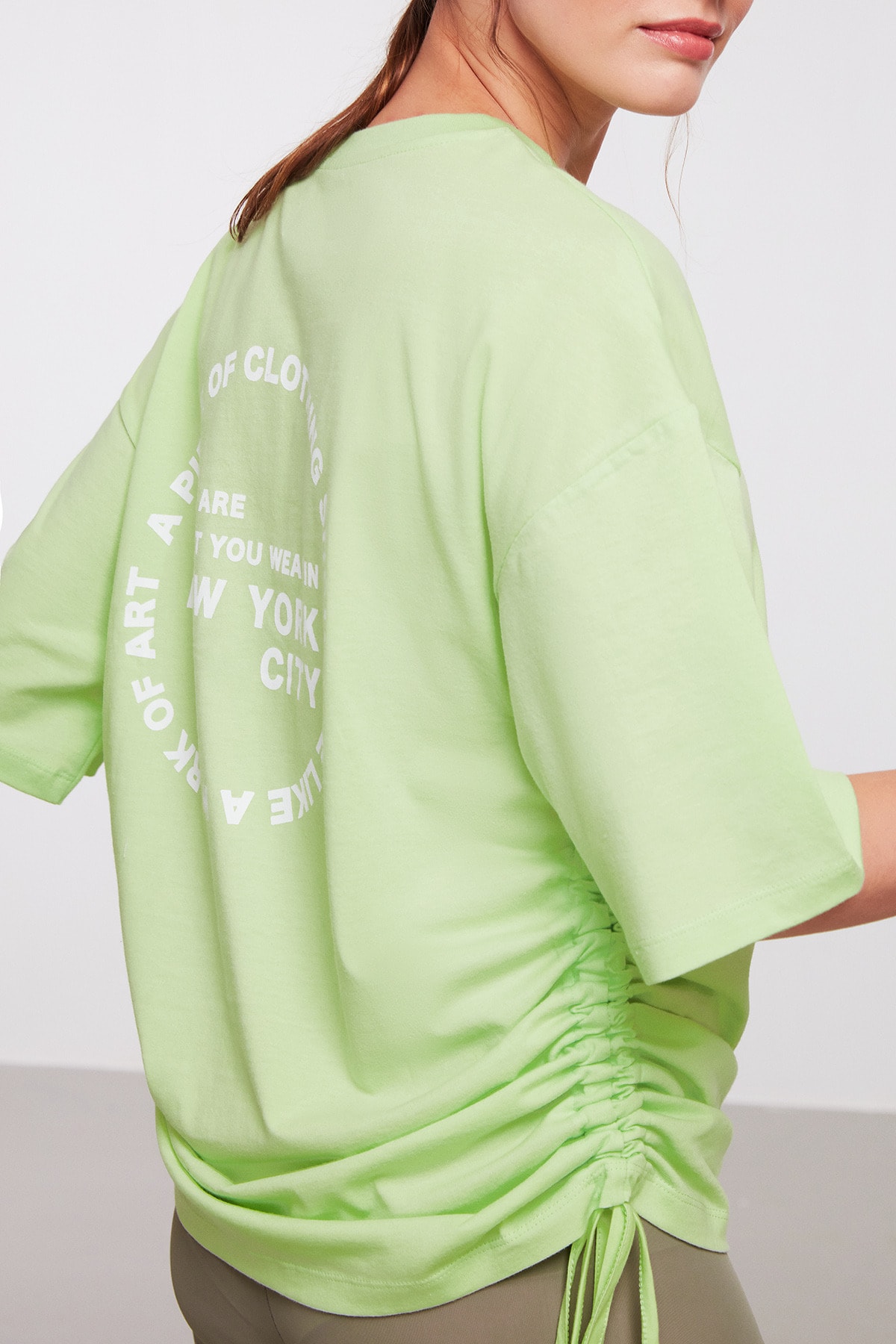 GRIMELANGE Pıece Kadın Açık Yeşil Baskılı Bisiklet Yaka Oversize T-shirt