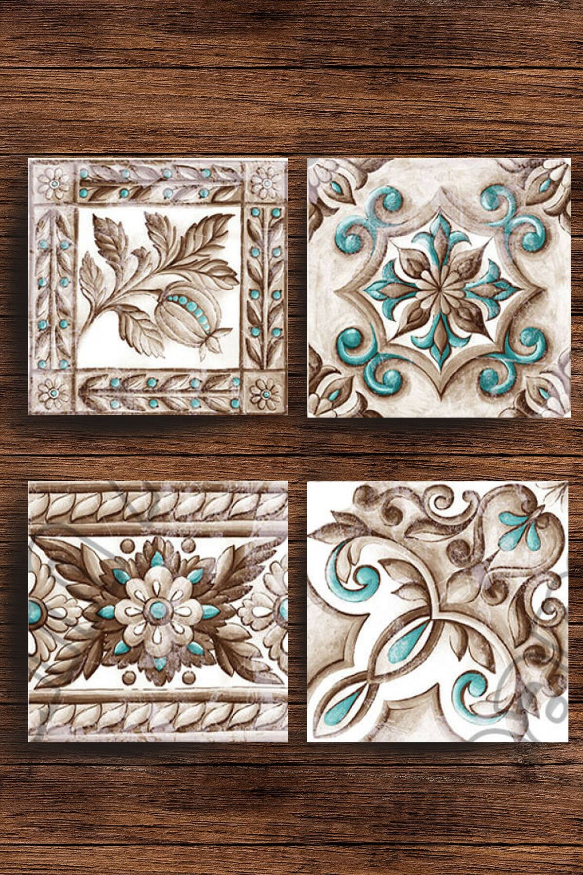 Begoloni Baskılı Doğaltaş Bardak Altlığı 4'lü Set - Doğal Taş Bardak Altı Hint Desen