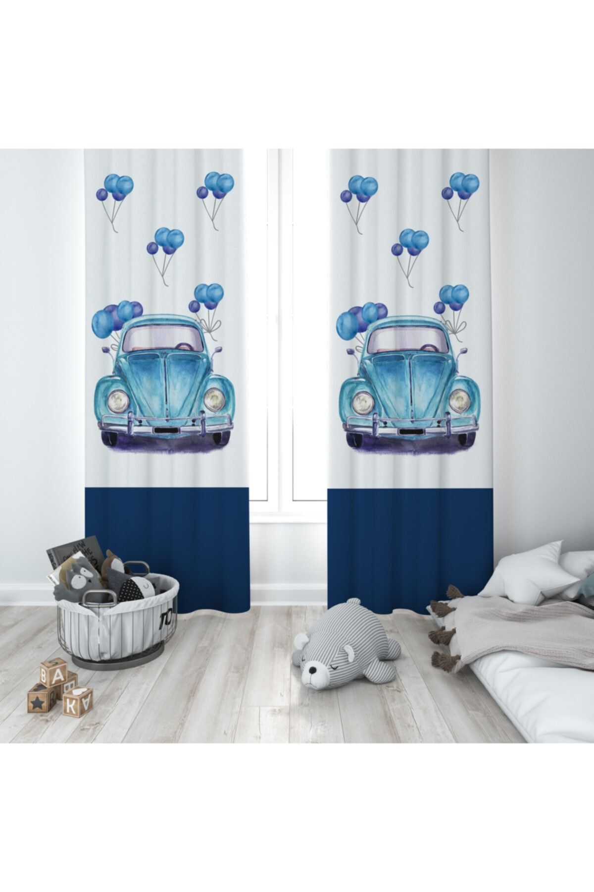 MEKTA HOME Mavi Araba Ve Balonlu Çocuk Ve Bebek Odası Fon Perde 2 Kanat Mktp-228