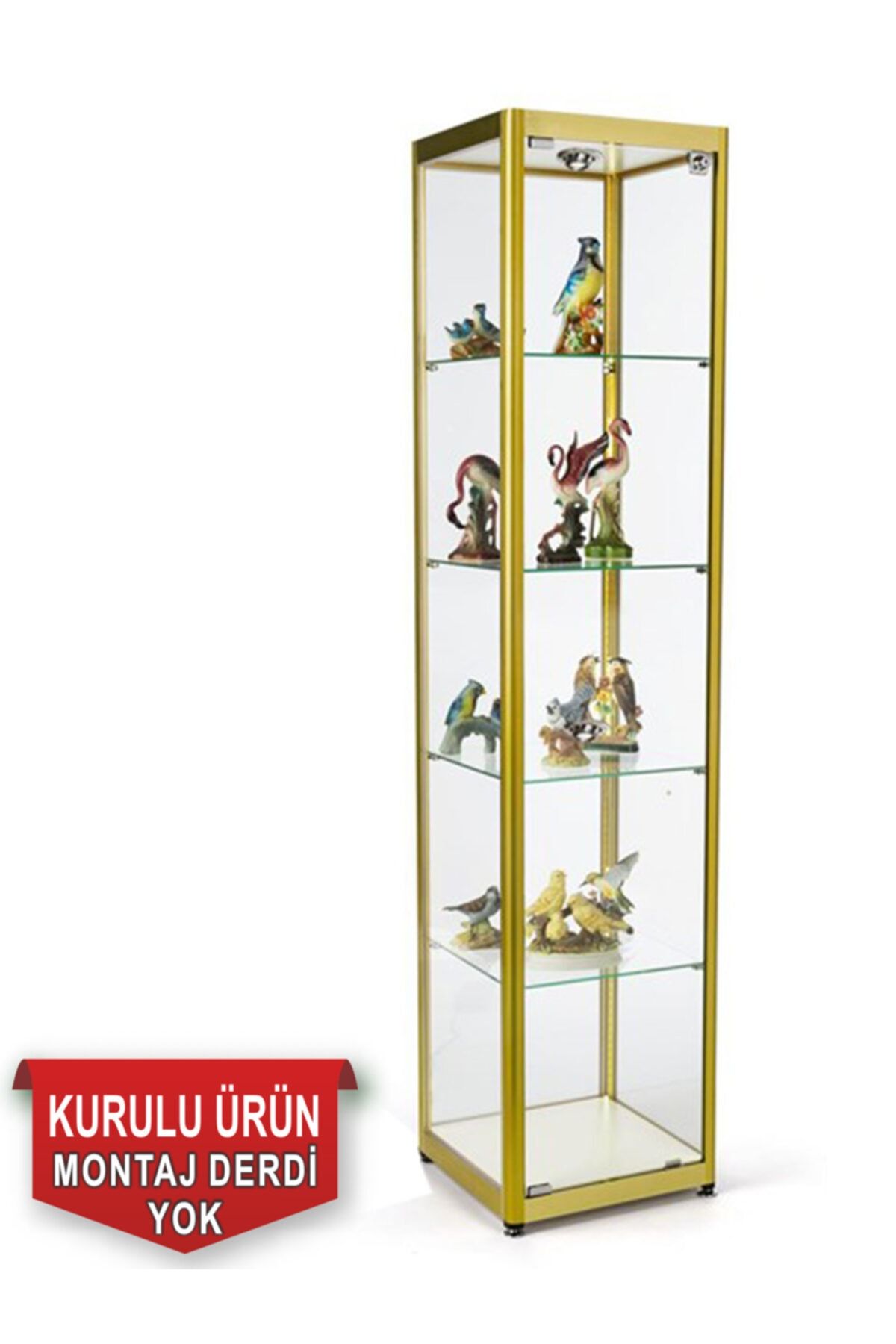 Nurline Tek Kapılı Spotlu Cam Vitrin Kupa Dolabı Gold (Kurulu Ve Kullanıma Hazır Gönderilmektedir.)