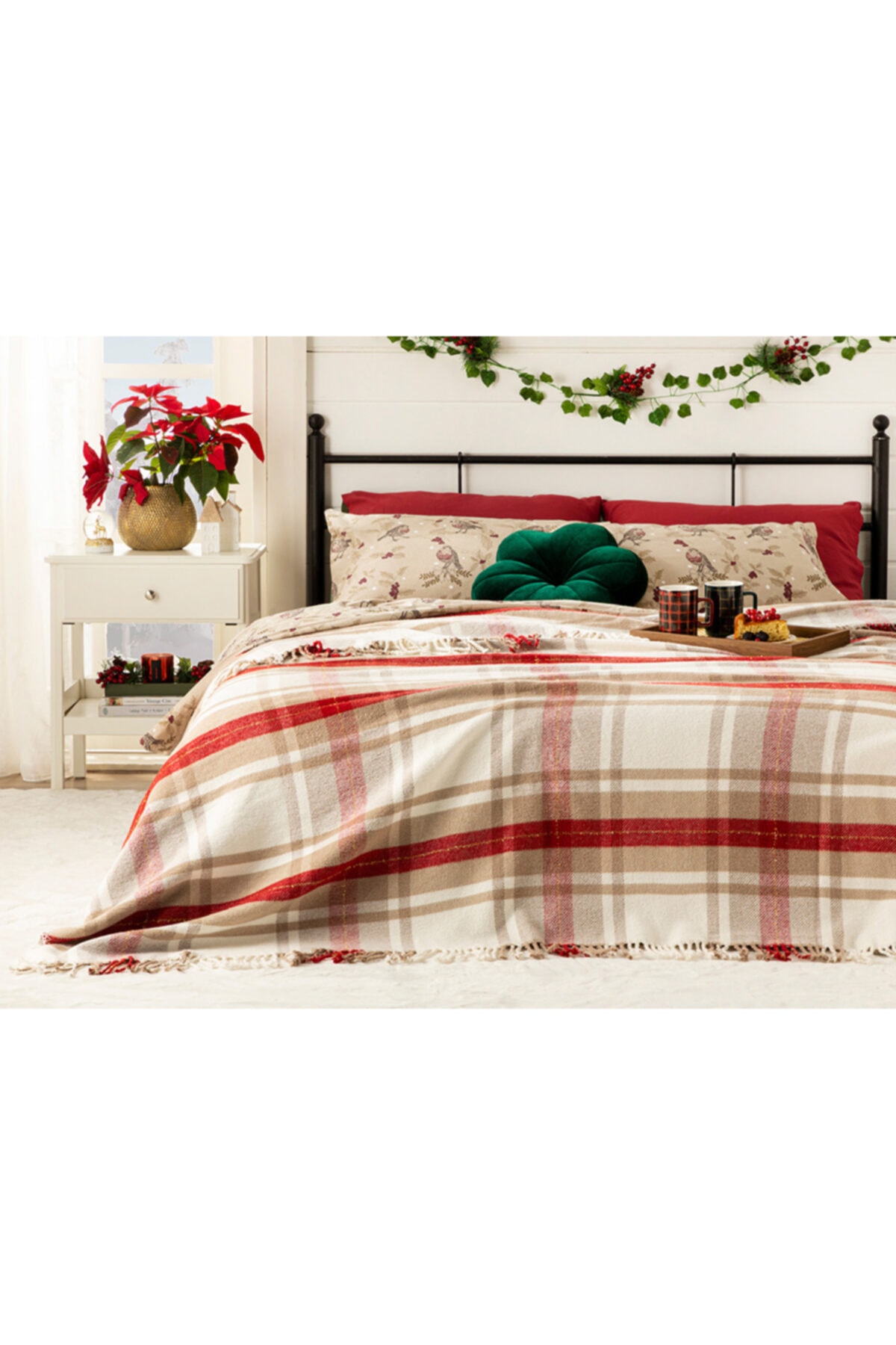 English Home Mackenzie Simli Pamuklu Tek Kişilik Battaniye 150x200 Cm Bej – Kırmızı-yılbaşı Özel