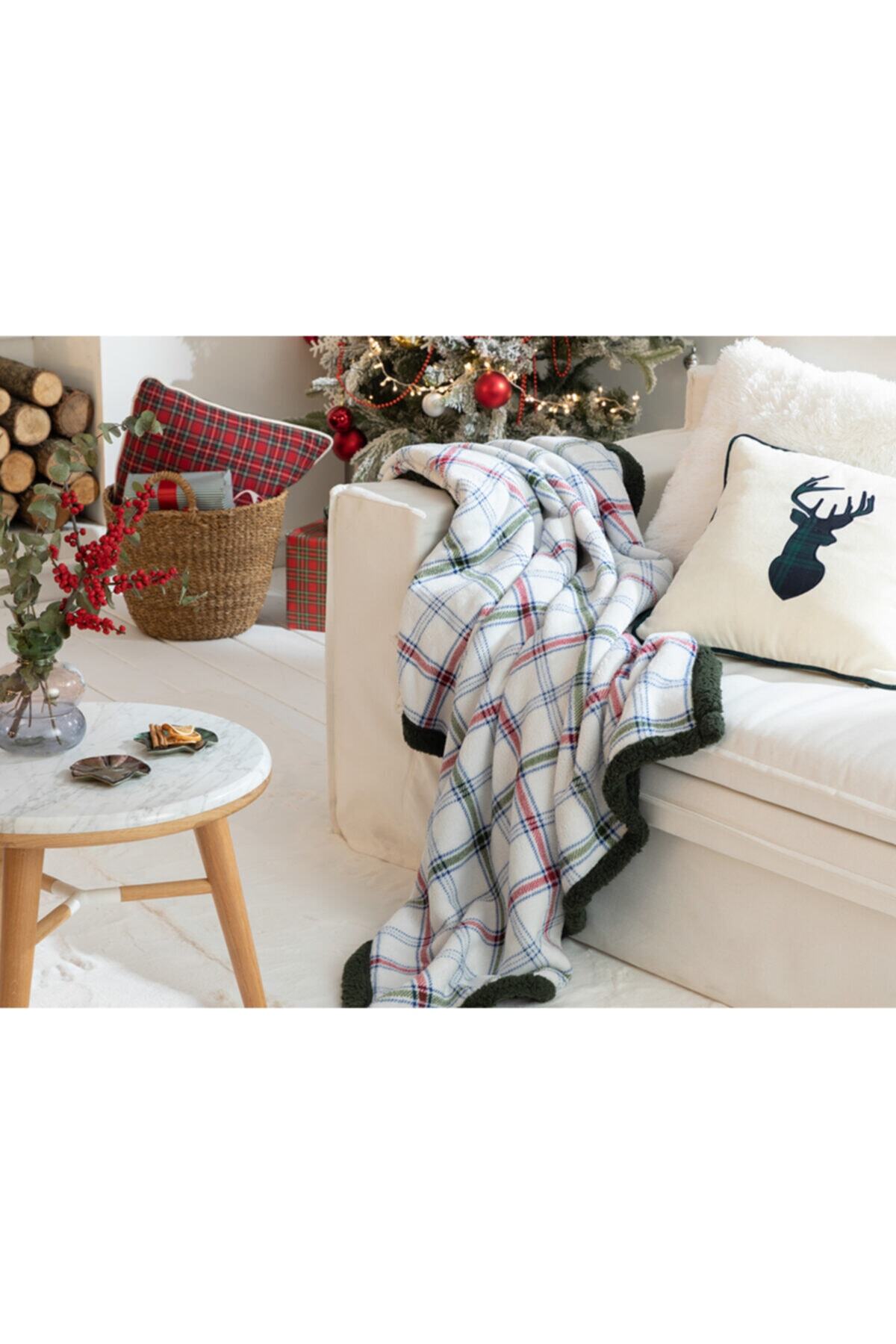 English Home Tattersall Sherpa Tv Battaniye 120x160 cm Beyaz-Yılbaşı Özel