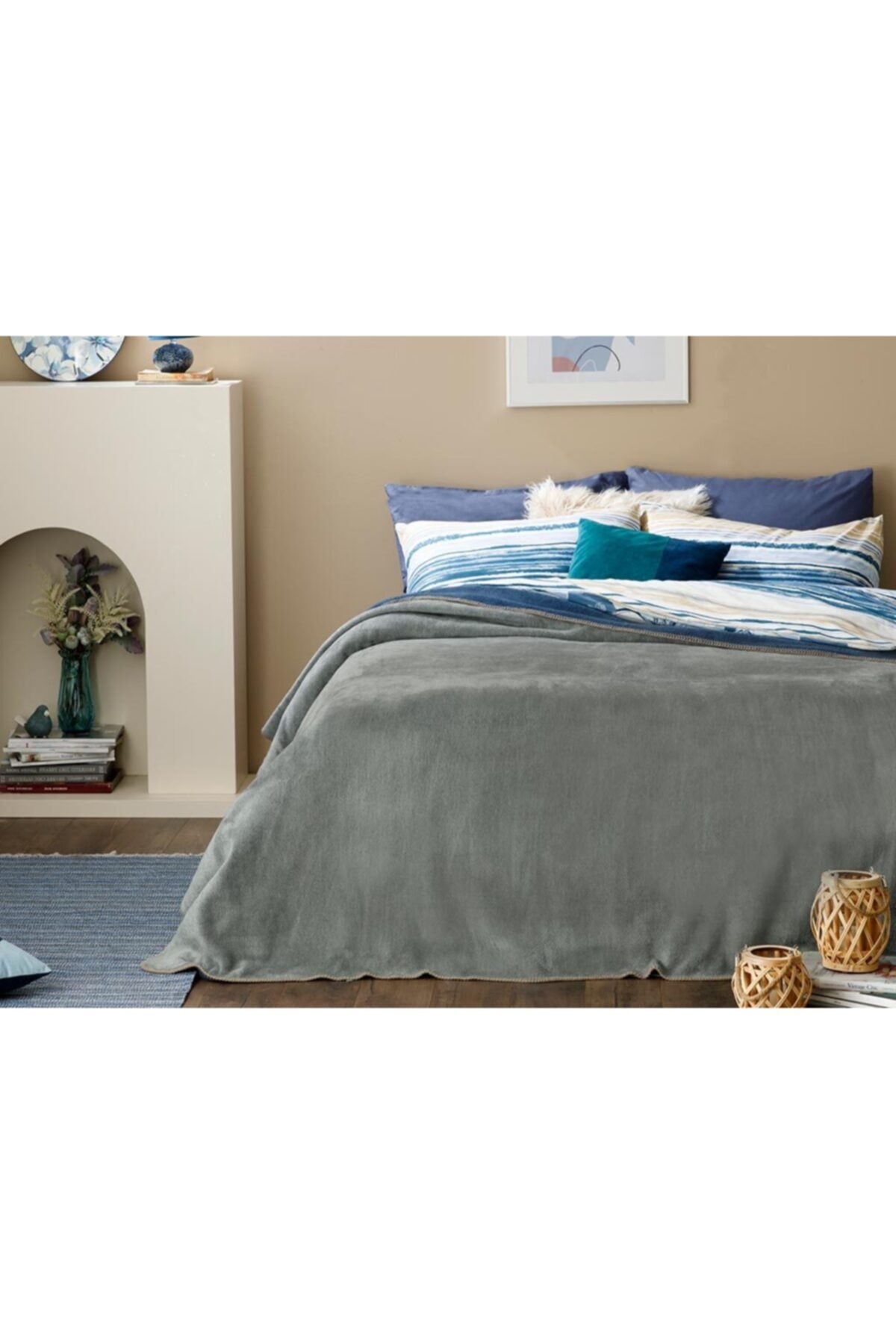 English Home Plain Pamuklu Çift Kişilik Battaniye 200x220 Cm Gri - Lacivert