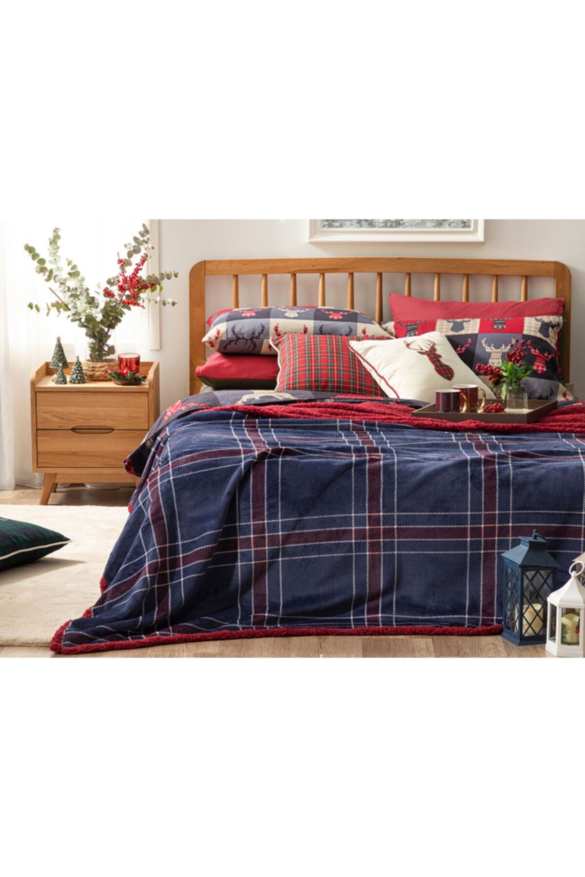 English Home Tartan Sherpa Çift Kişilik Battaniye 200x220 cm Lacivert
