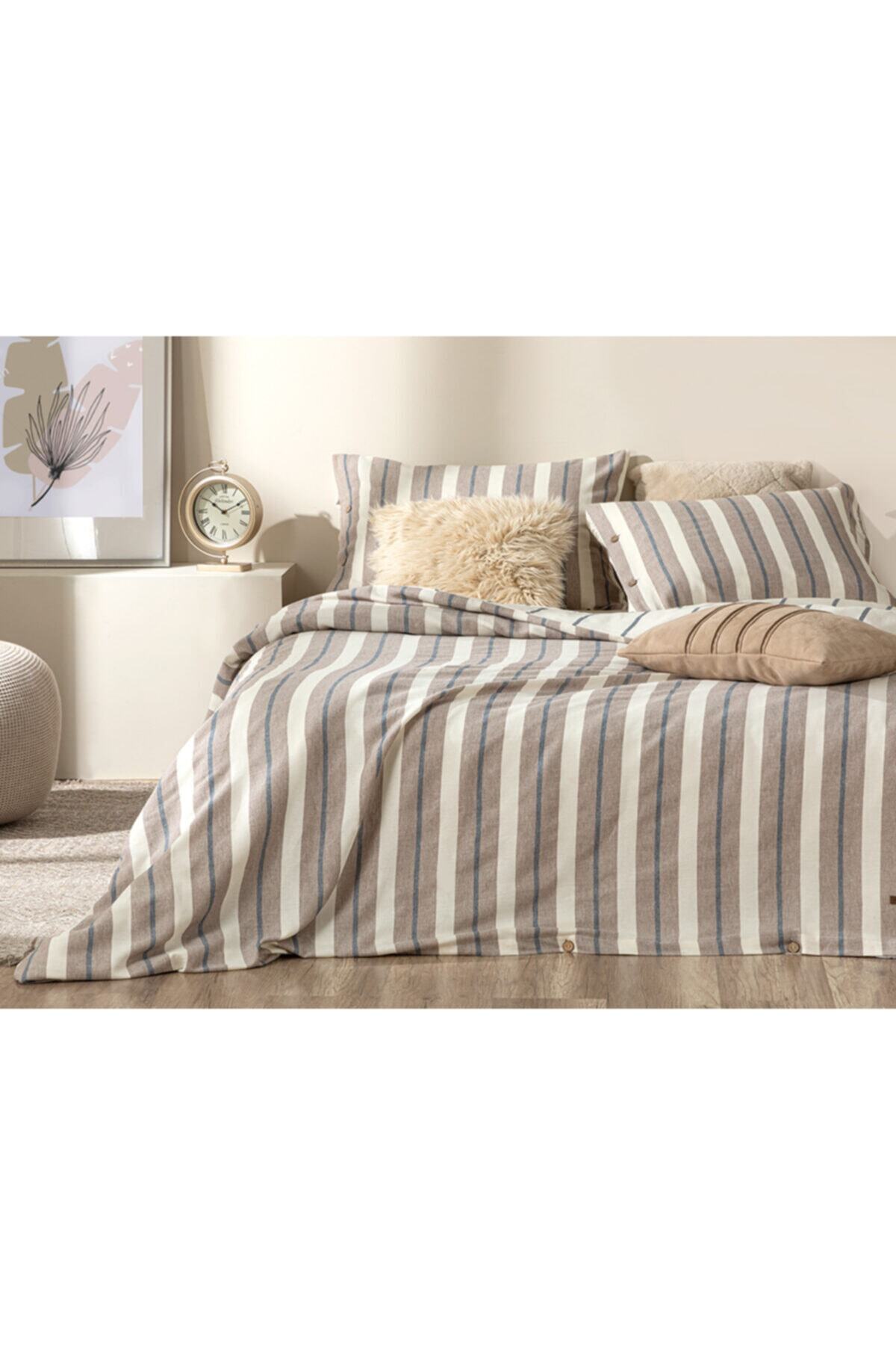 English Home Vittate Natural Ipliği Boyalı Çift Kişilik Nevresim Takımı 200x220 Cm Kahve – Lacivert