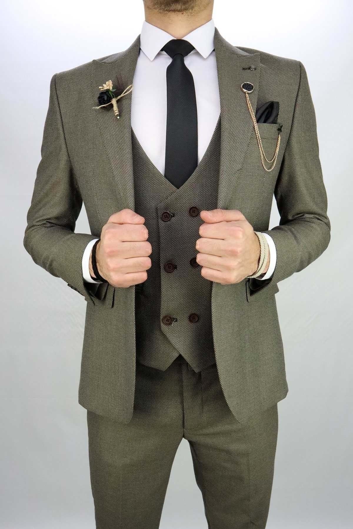 ZAYFA Sütlü Kahve Slimfit Yelekli Erkek Takım Elbise