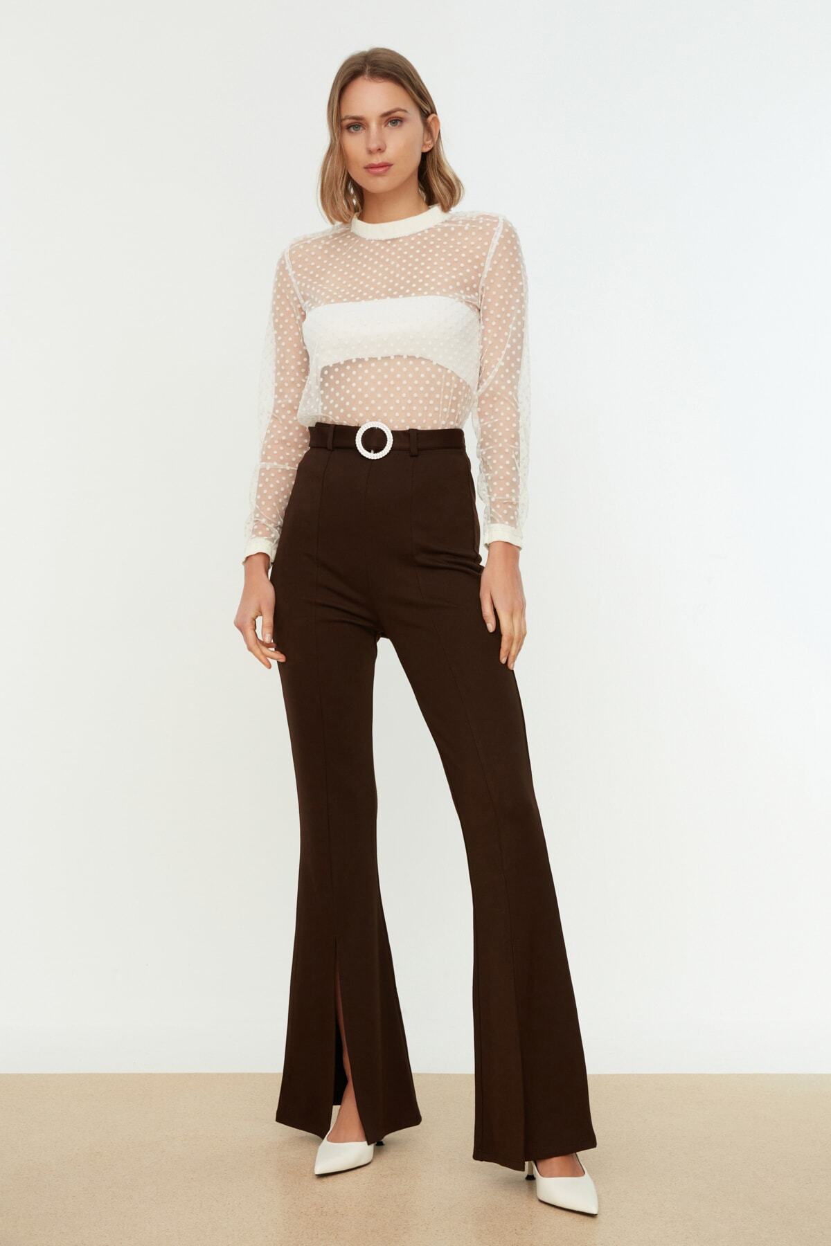TRENDYOLMİLLA Kahverengi Kemerli Örme Pantolon TWOSS20PL0100