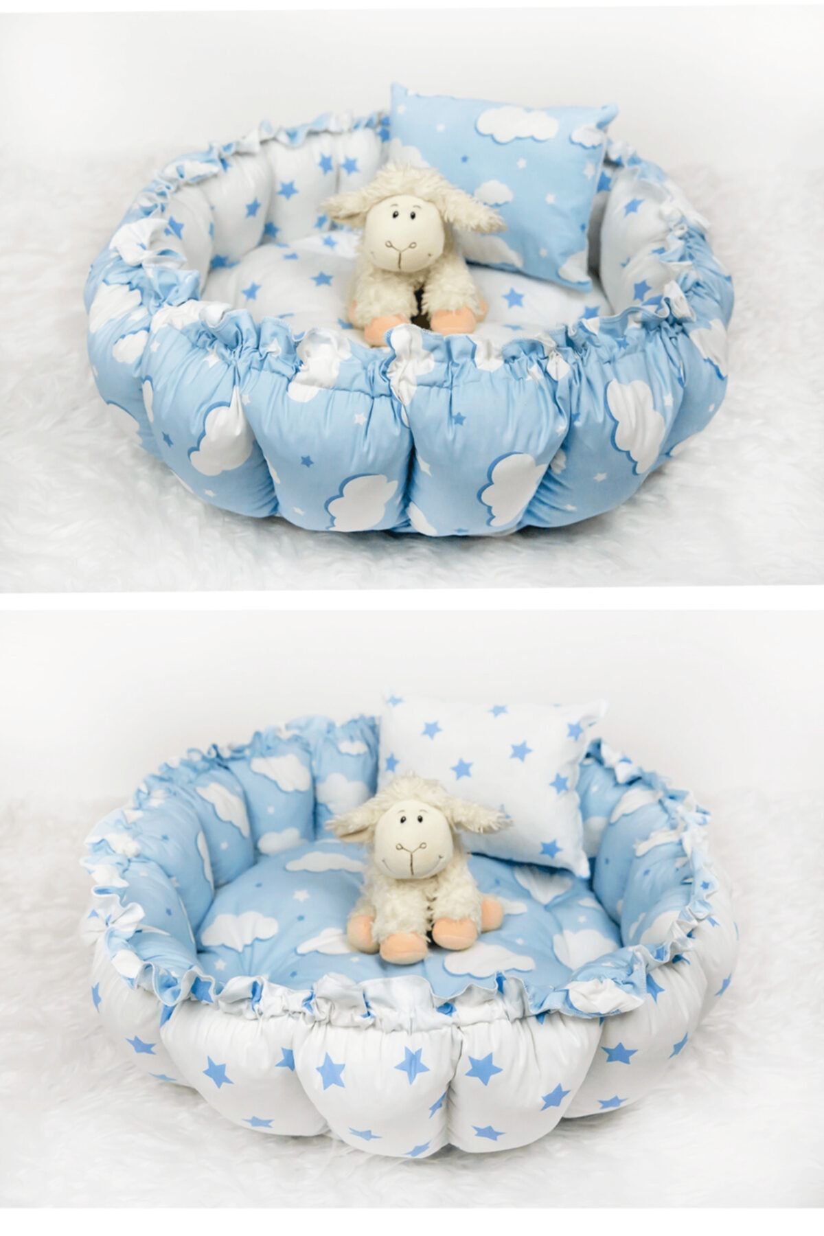 Babynest Yuvarlak Yatak /oyun Minderi Ve Yastığı Mavi Bulut Mavi Yıldız