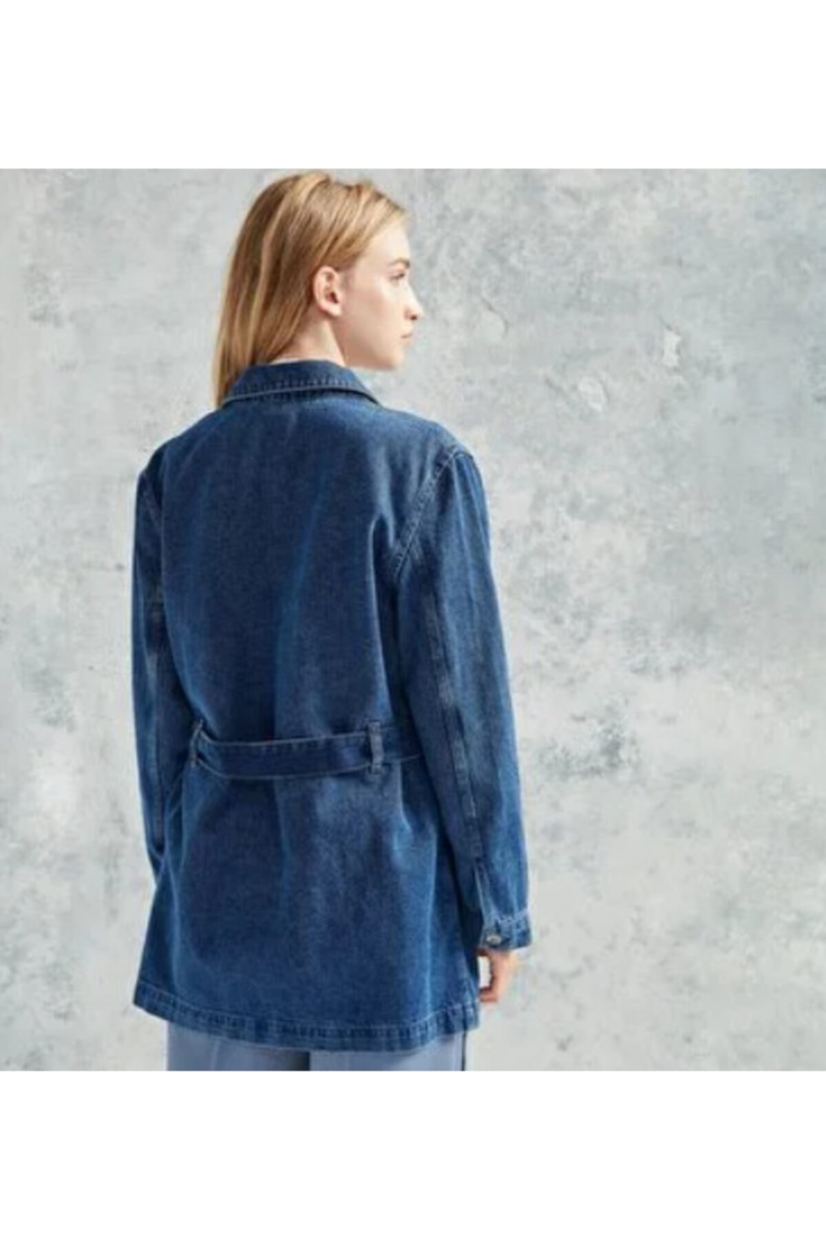 Yargıcı Kadın Lacivert Dikiş Detaylı Denim Pardösü